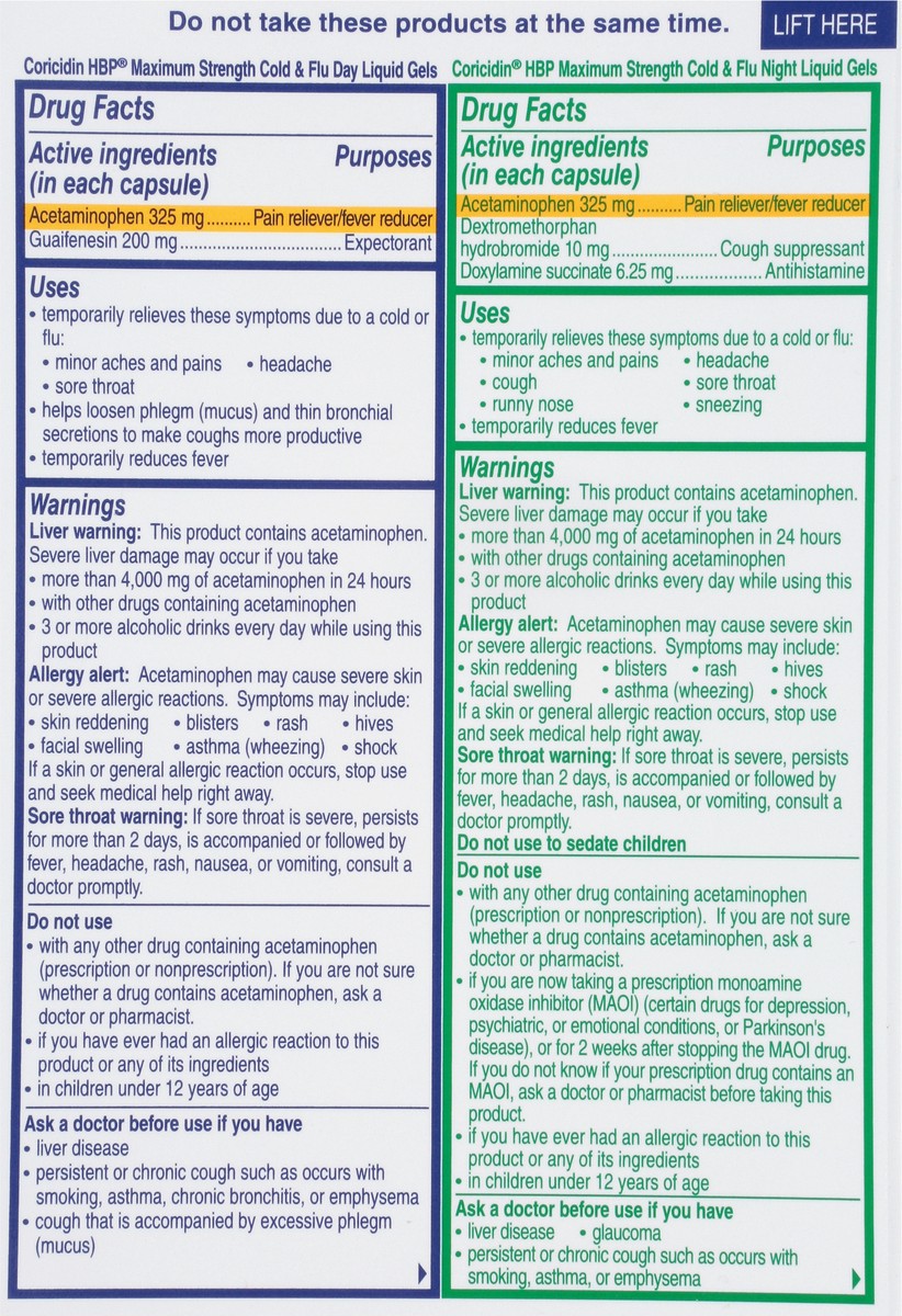 slide 5 of 9, Coricidin HBP Day/Night Maximum Strength Cold & Flu 24 Liquid Gels, 24 ct
