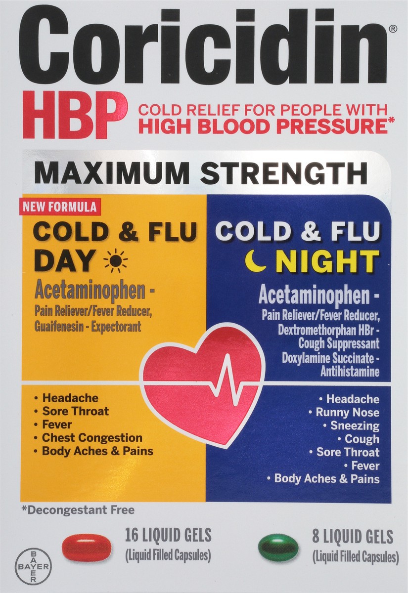 slide 3 of 9, Coricidin HBP Day/Night Maximum Strength Cold & Flu 24 Liquid Gels, 24 ct