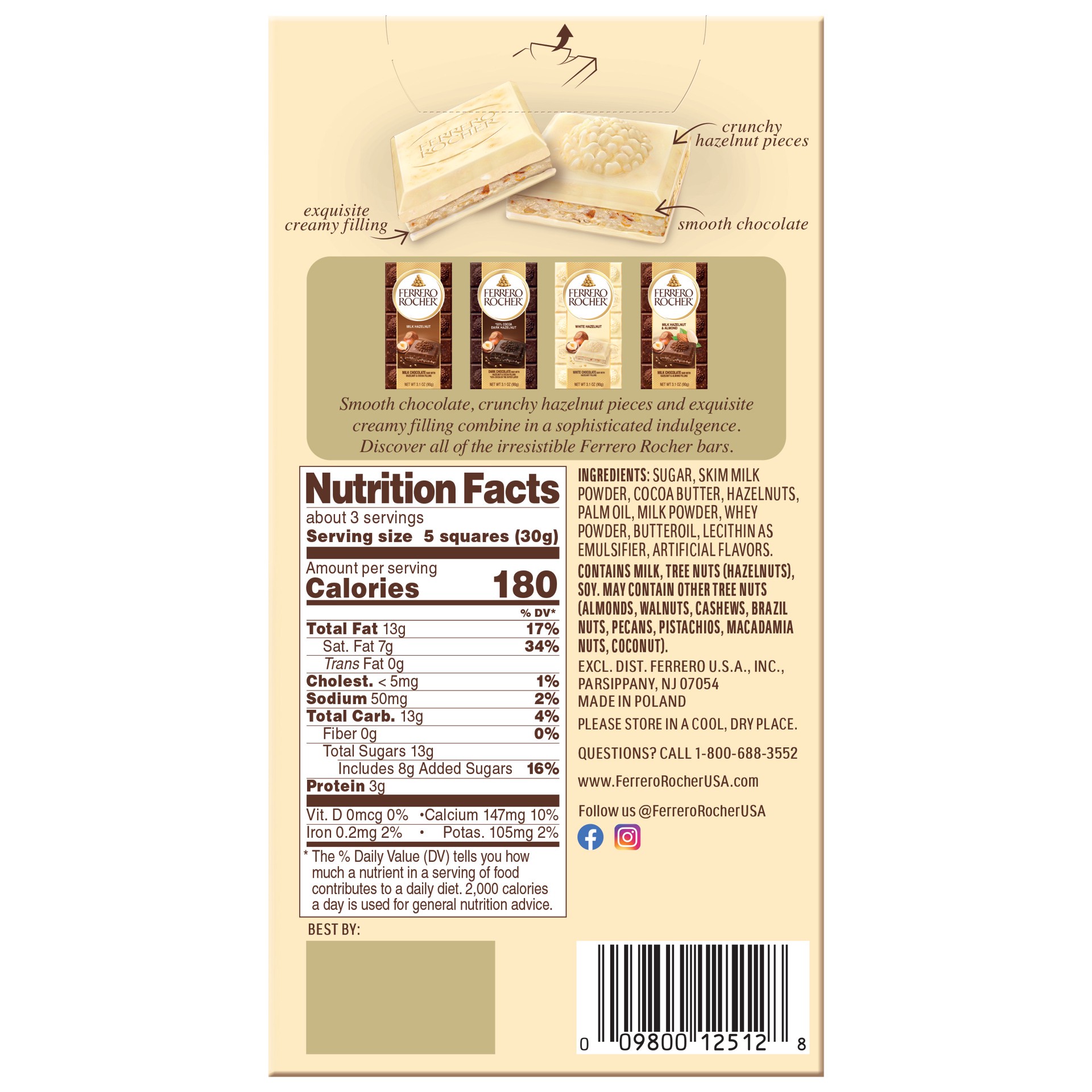 slide 7 of 9, Ferrero Rocher White Hazelnut Chocolate Bar, 3.25 oz