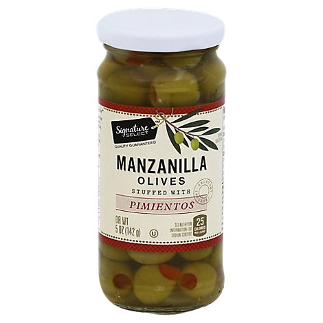 slide 1 of 1, Signature Select Olives Manzanilla Stuffed With Pimiento, 5 oz