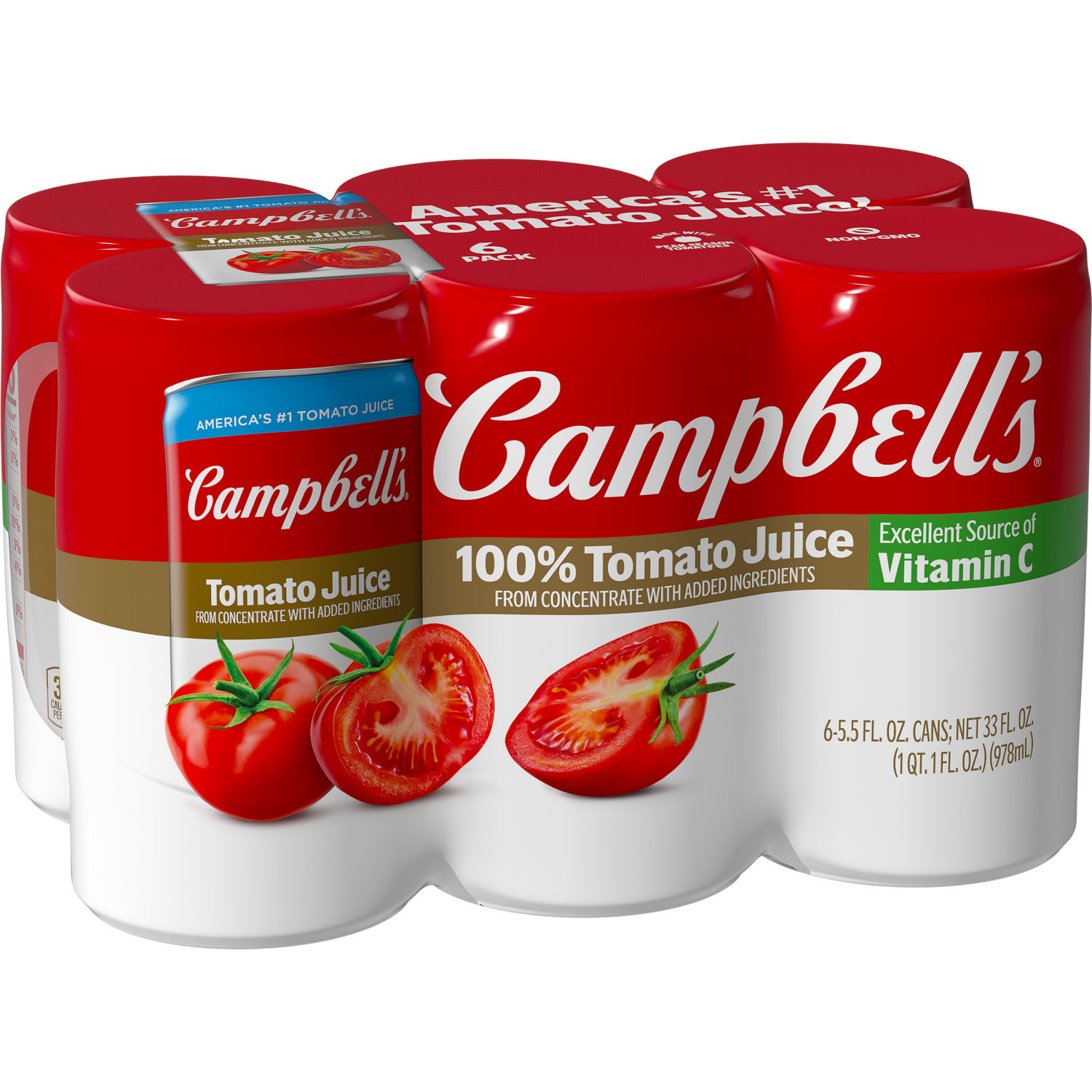 slide 1 of 8, Campbell's 100% Tomato Juice, 5.5 fl oz Can (6 Pack), 33.000 fl oz