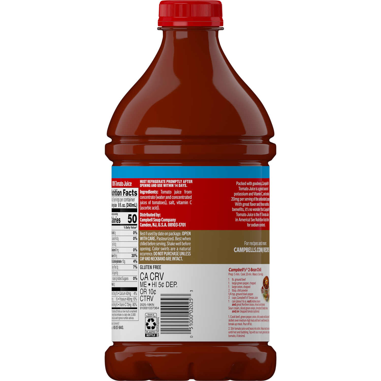 slide 8 of 8, Campbell's Campbell’s 100% Tomato Juice, 46 fl oz Bottle, 46.000 fl oz