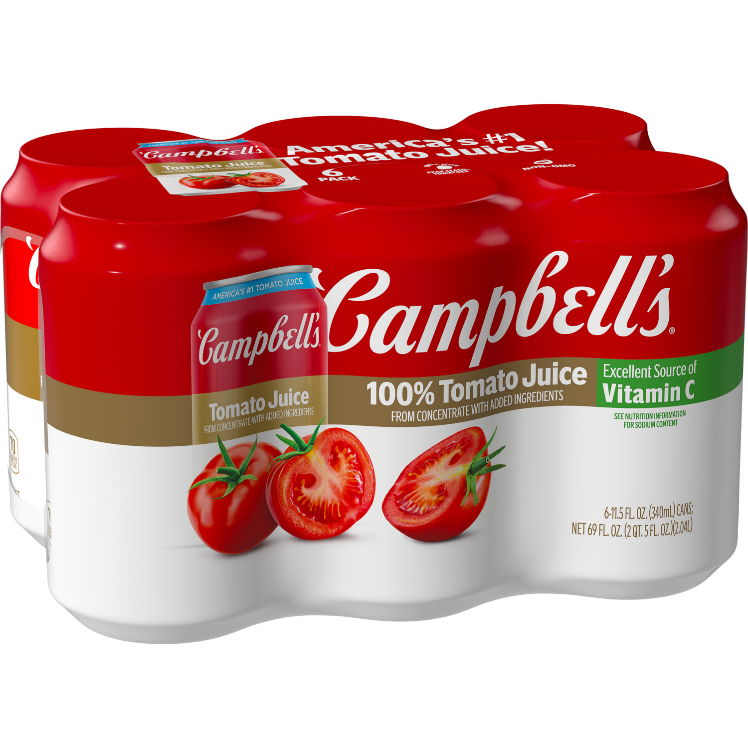 slide 1 of 8, Campbell's 100% Tomato Juice, 11.5 fl oz Can (6 Pack), 69.000 fl oz