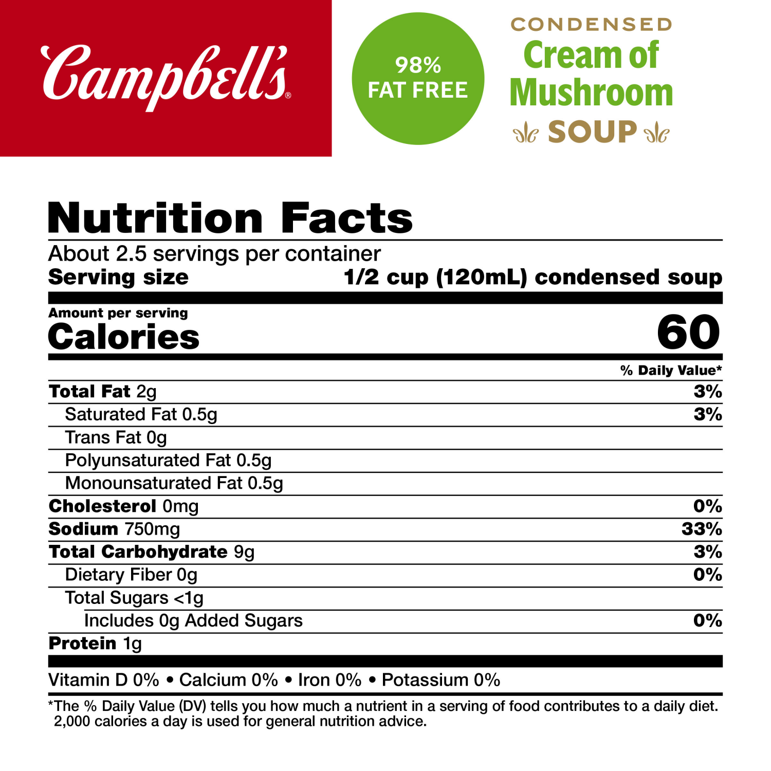 slide 2 of 7, Campbell's Condensed 98% Fat Free Cream of Mushroom Soup, 10.5 oz Can, 10.5 oz