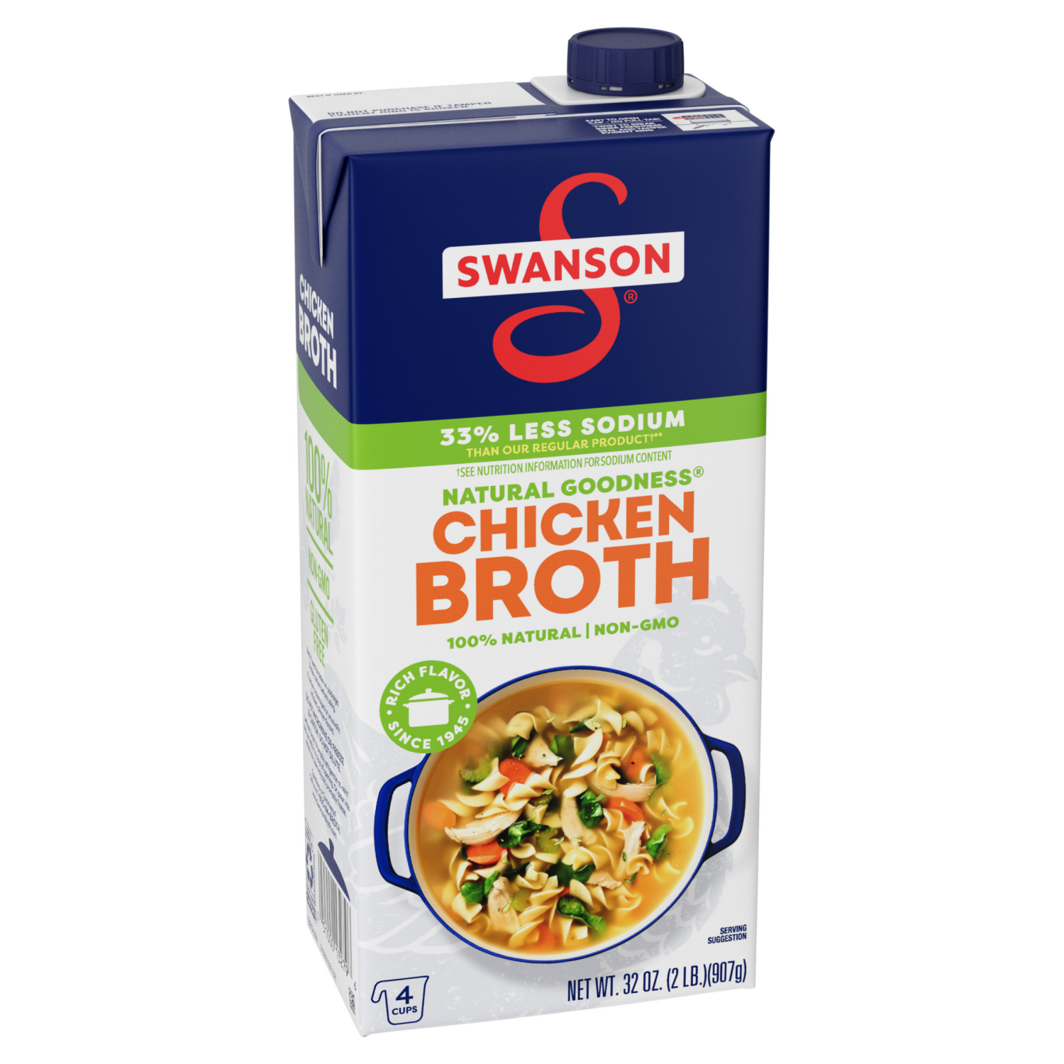 slide 1 of 5, Swanson 33% Less Sodium Chicken Broth, 32 oz Carton, 32.000 oz