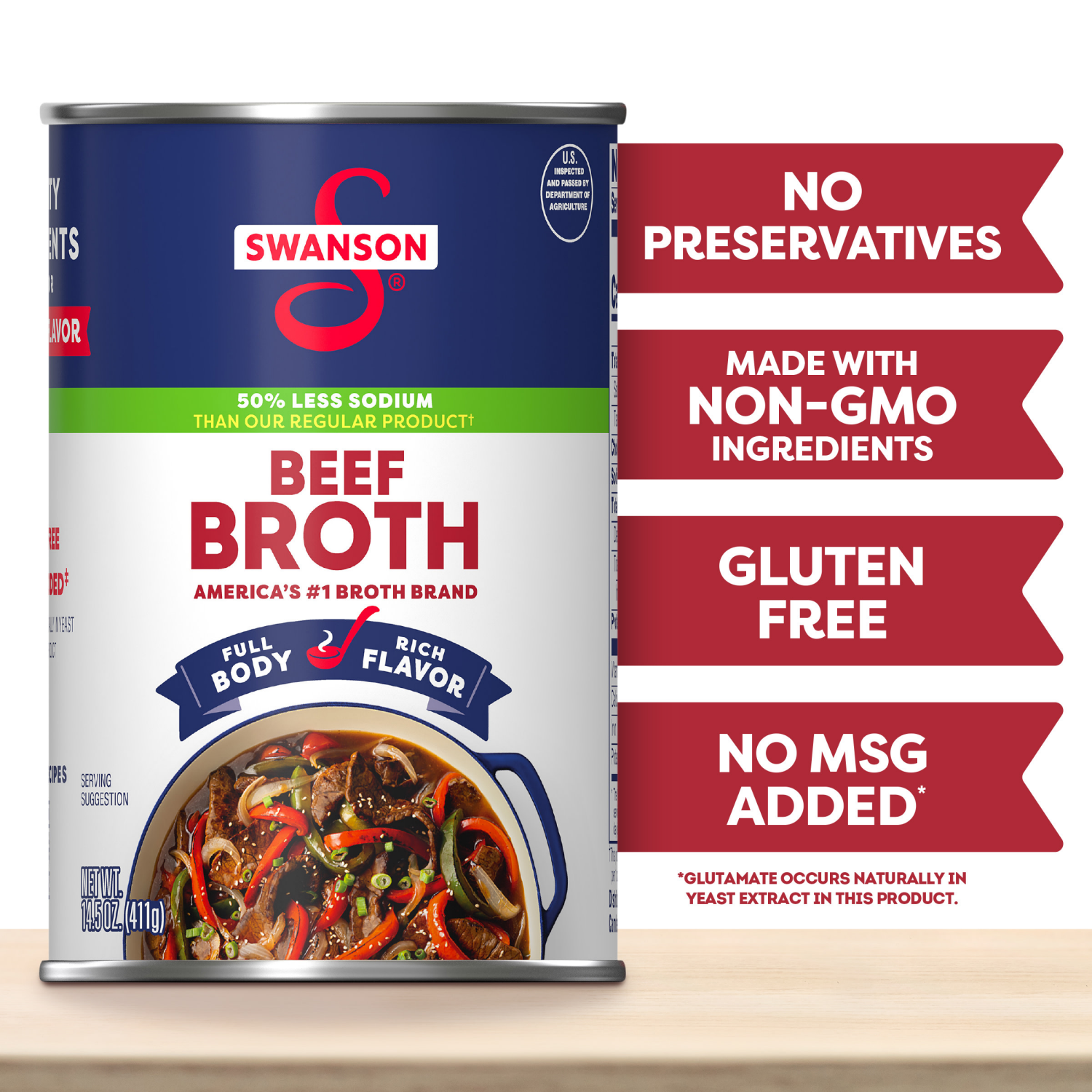 slide 7 of 8, Swanson 50% Less Sodium Beef Broth, 14.5 oz Can, 14.500 oz
