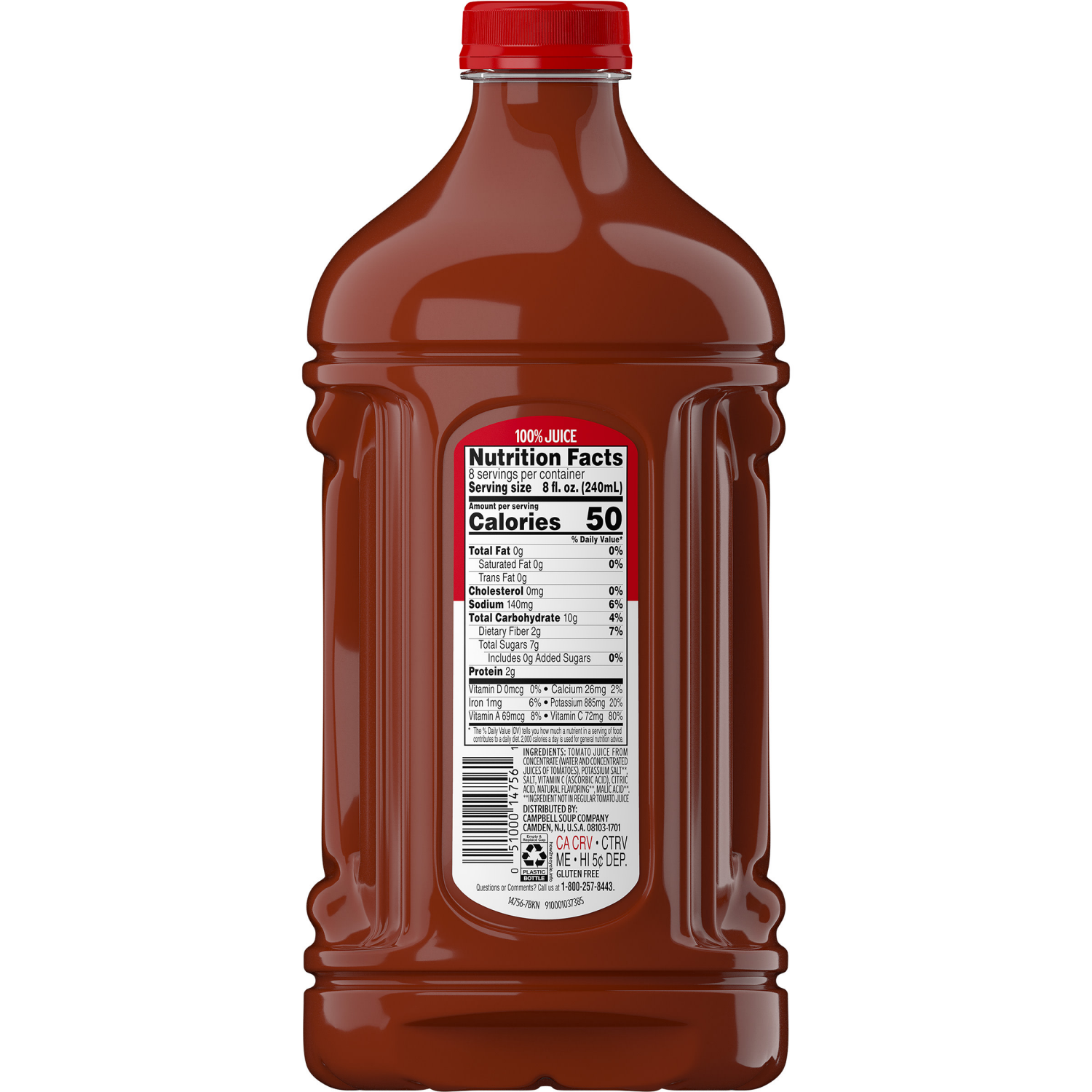 slide 8 of 8, Campbell's Low Sodium 100% Tomato Juice, 64 fl oz Bottle, 64.000 fl oz