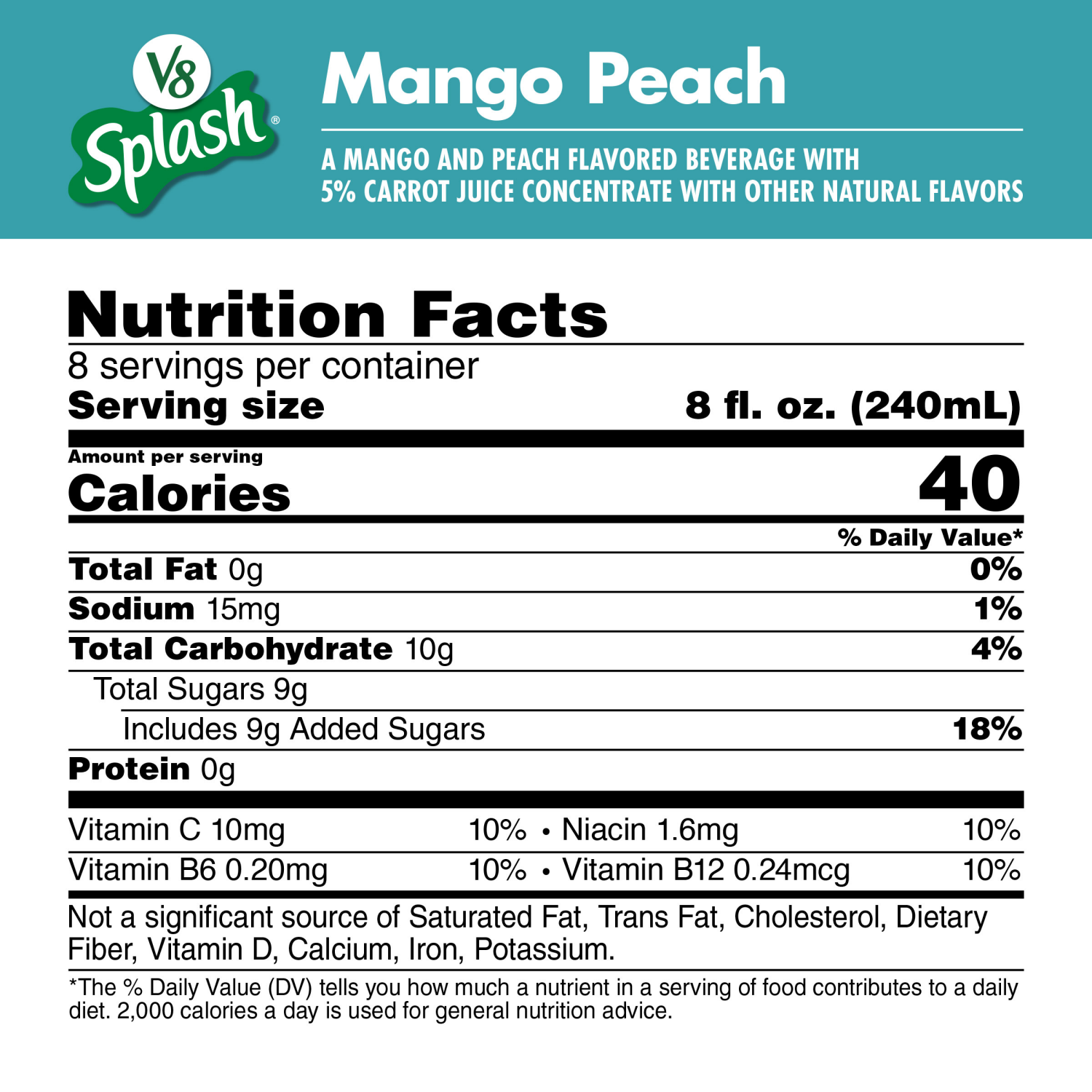 slide 5 of 8, V8 Splash Mango Peach Flavored Beverage, 64 fl oz Bottle, 64.000 fl oz