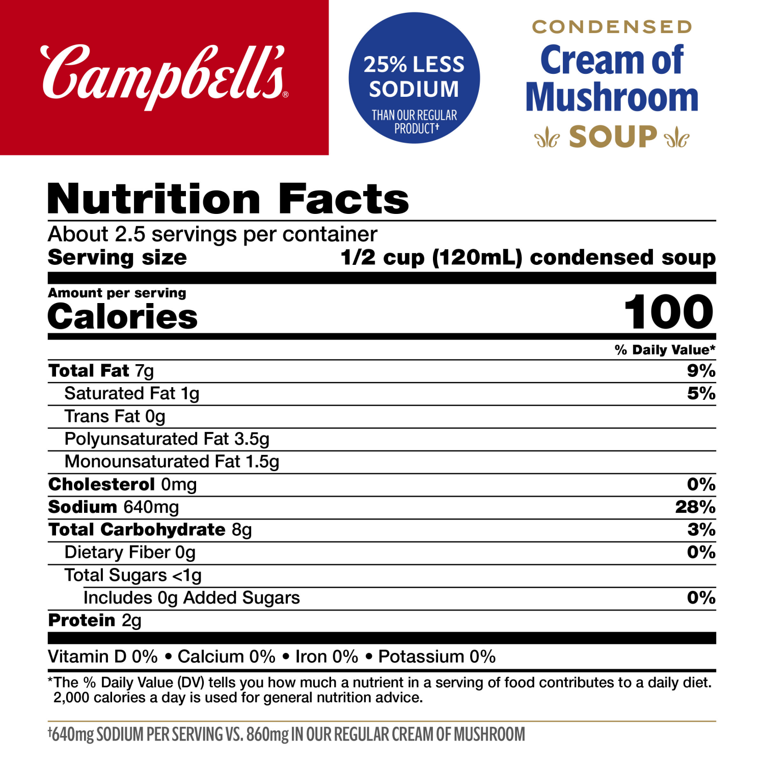 slide 2 of 7, Campbell's Condensed 25% Less Sodium Cream of Mushroom Soup, 10.5 oz Can, 10.5 oz