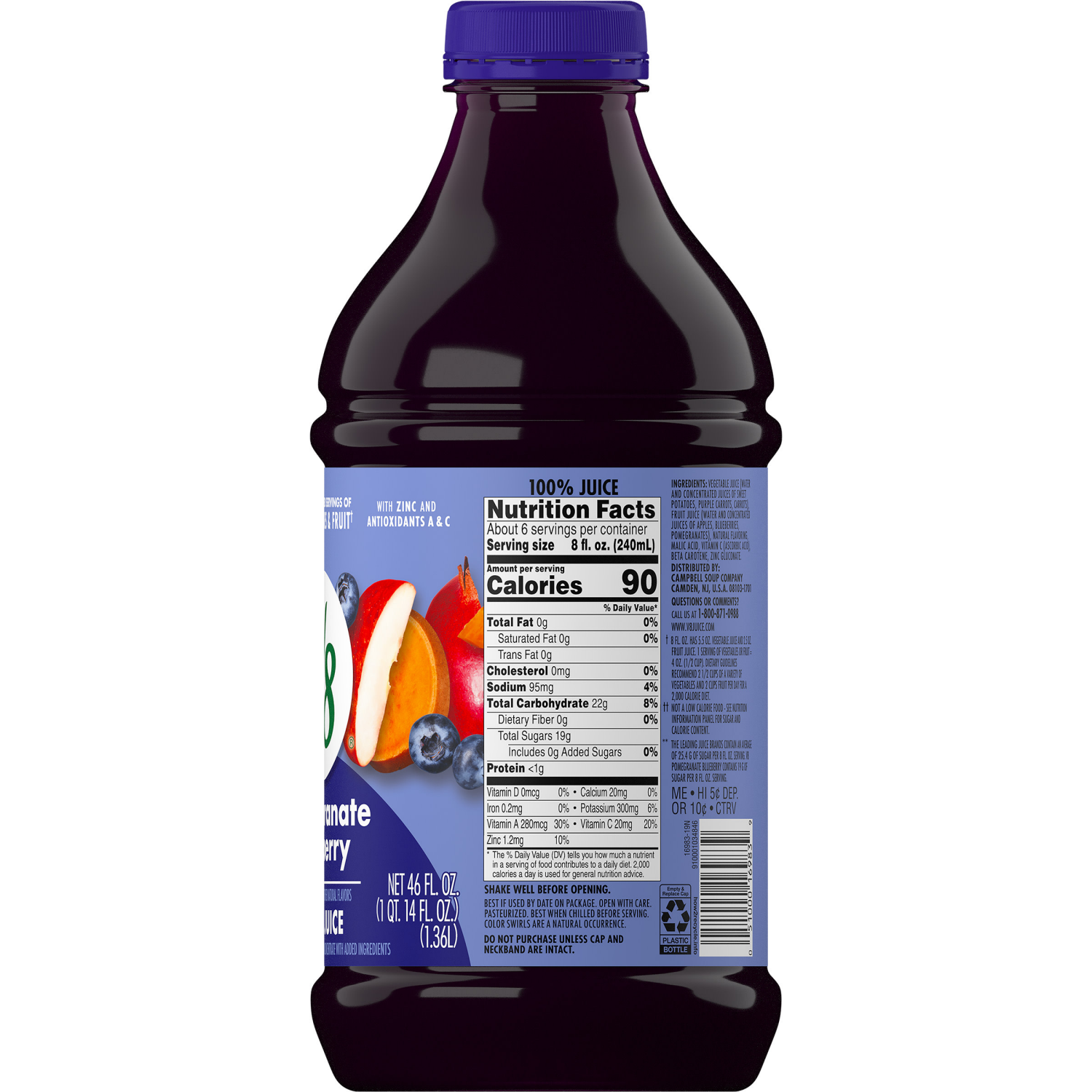 slide 6 of 7, V8 Pomegranate Blueberry 100% Fruit and Vegetable Juice, 46 fl oz Bottle, 46.000 fl oz