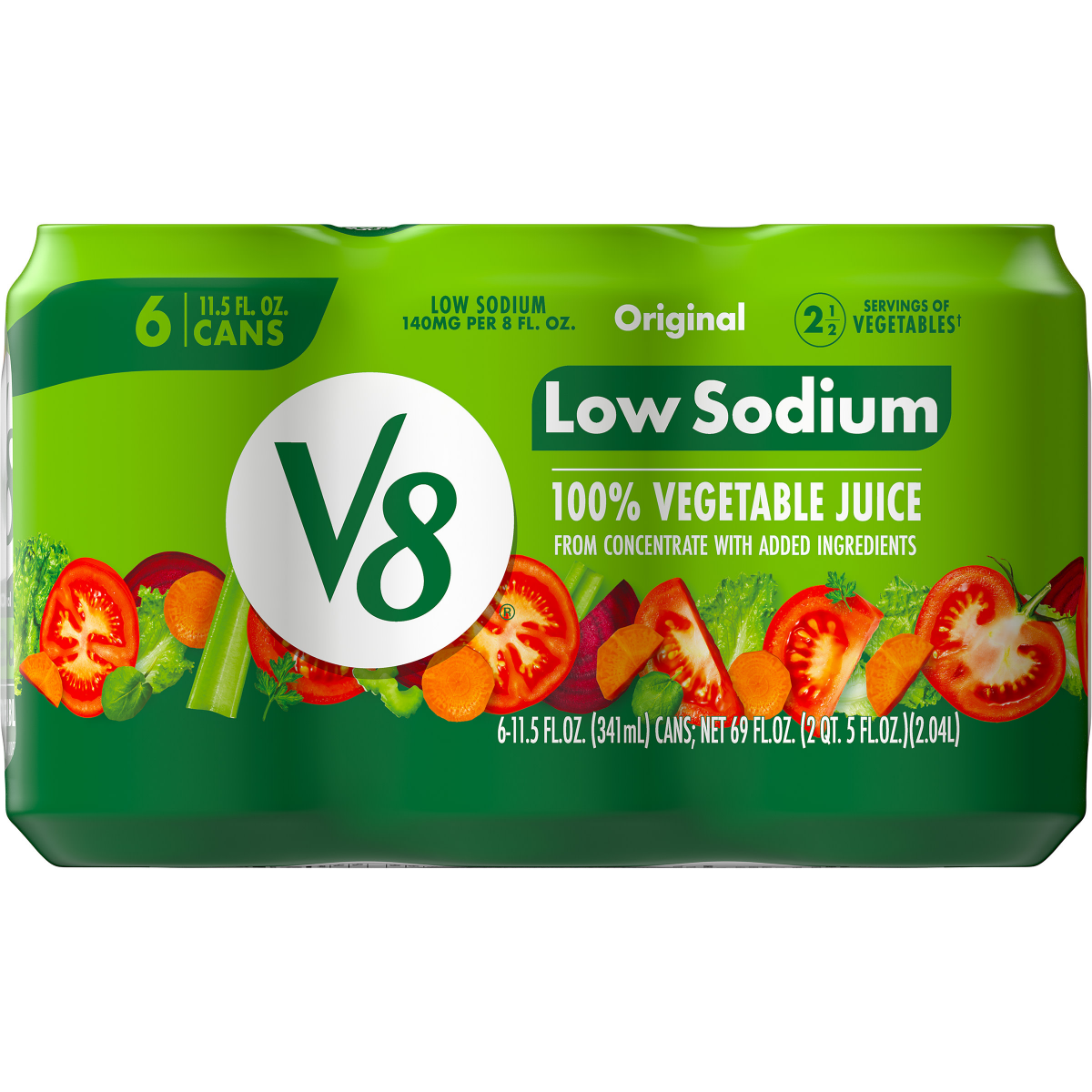 slide 8 of 29, V8 Low Sodium Original 100% Vegetable Juice, 11.5 fl oz Can (6 Pack), 69 oz