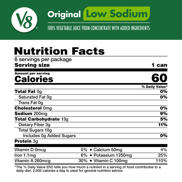 slide 22 of 29, V8 Low Sodium Original 100% Vegetable Juice, 11.5 fl oz Can (6 Pack), 69 oz