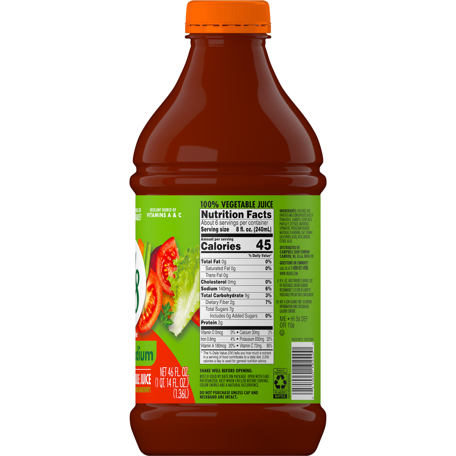 slide 4 of 8, V8 Spicy Hot Low Sodium 100% Vegetable Juice, 46.000 fl oz