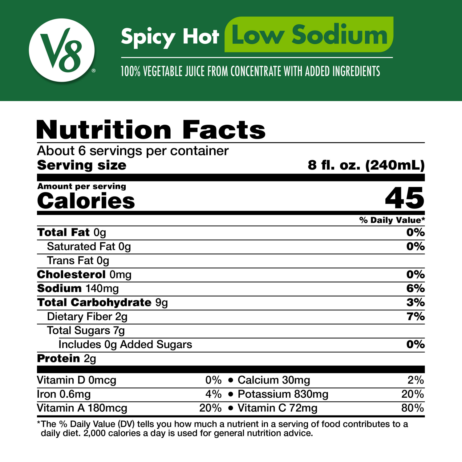 slide 5 of 8, V8 Spicy Hot Low Sodium 100% Vegetable Juice, 46.000 fl oz