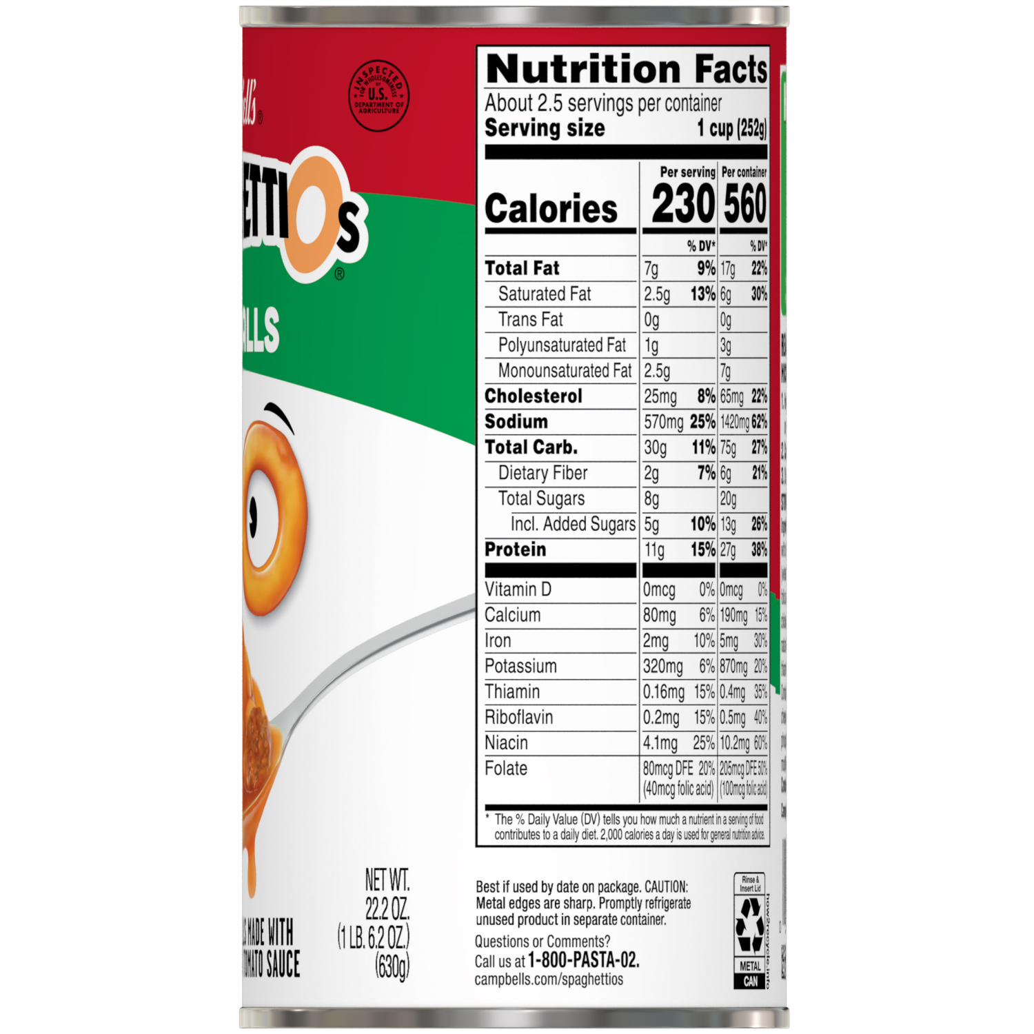 slide 2 of 8, Campbell's SpaghettiOs Canned Pasta with Meatballs, 22.2 oz Can, 22.200 oz