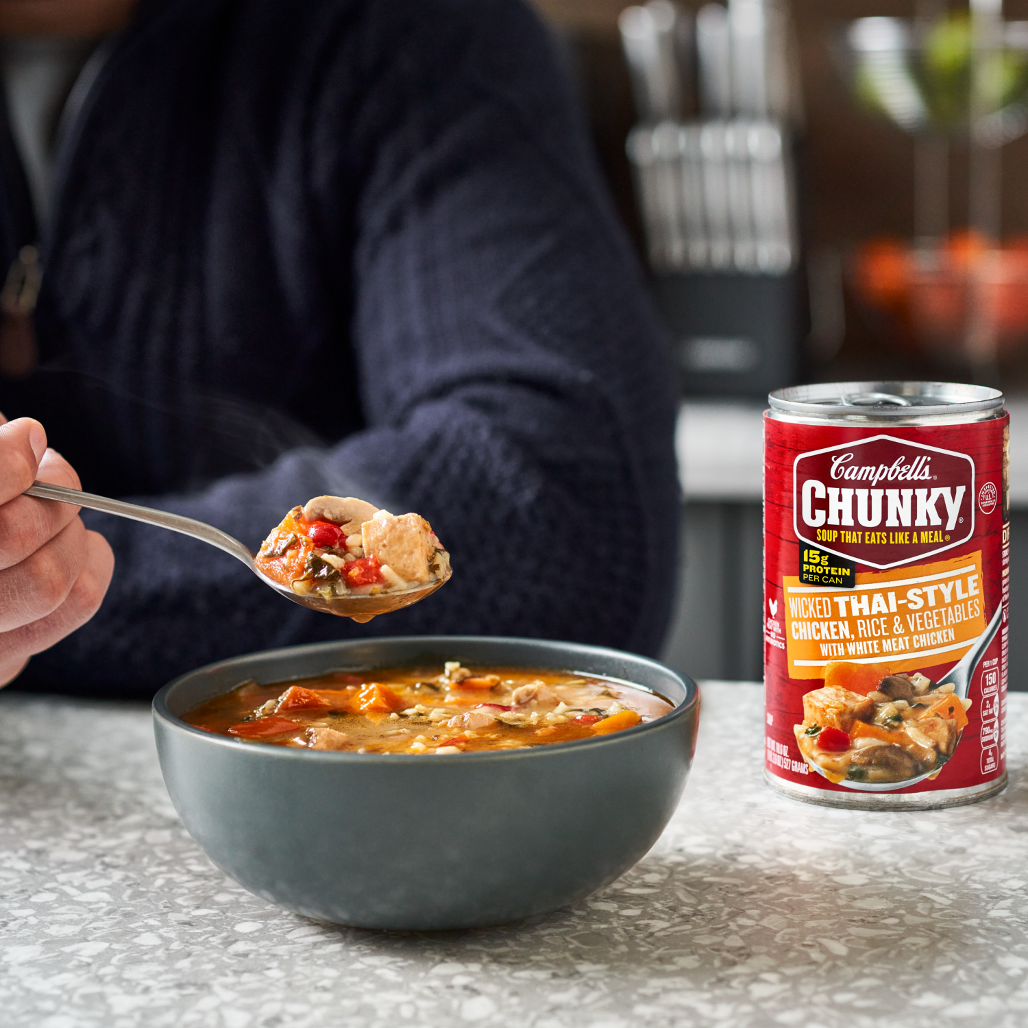 slide 4 of 5, Campbell's Wicked Thai Style Chicken with Rice and Vegetables Soup, 18.600 oz