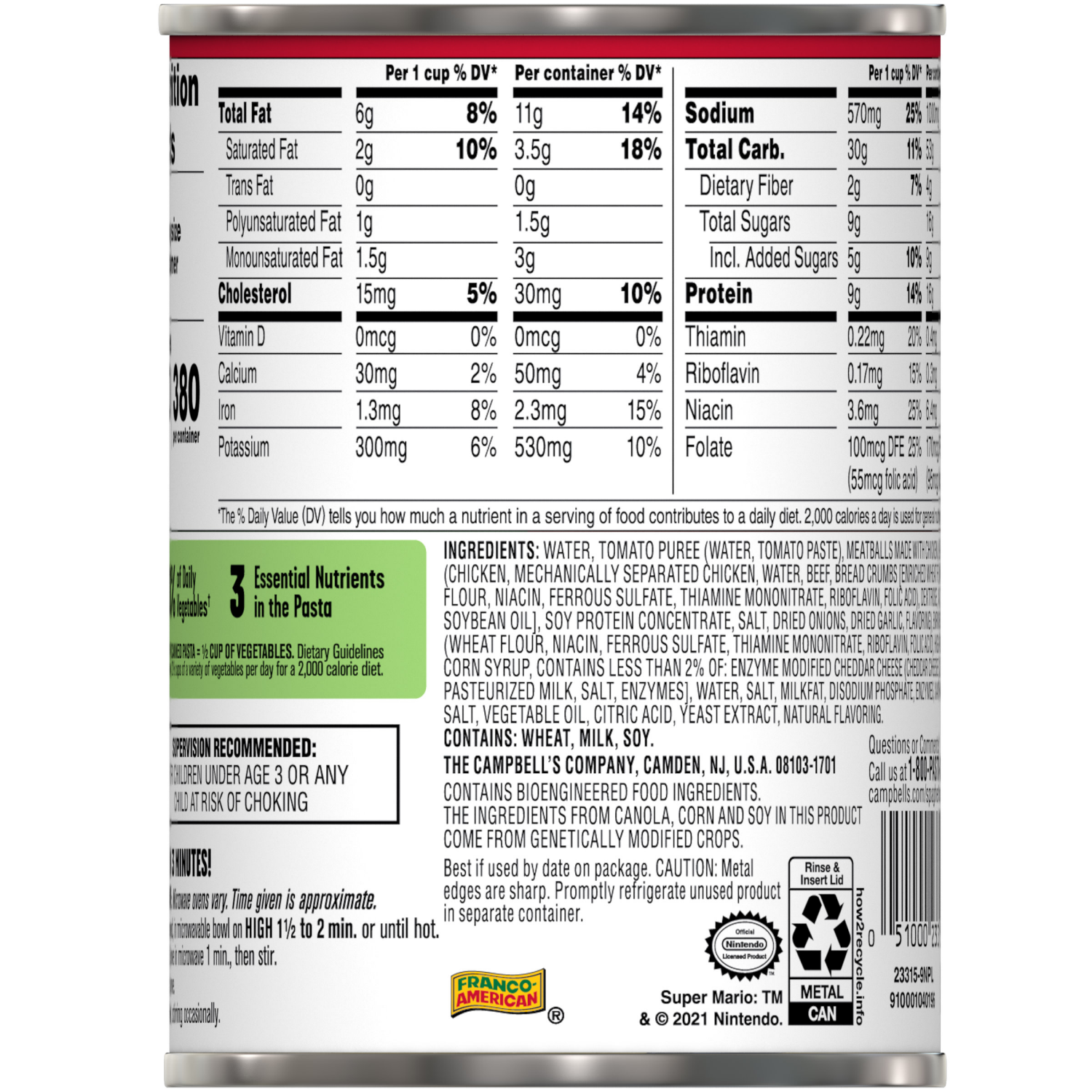 slide 5 of 7, Campbell's SpaghettiOs Super Mario Bros Canned Pasta with Meatballs, 15.6 oz Can, 15.600 oz