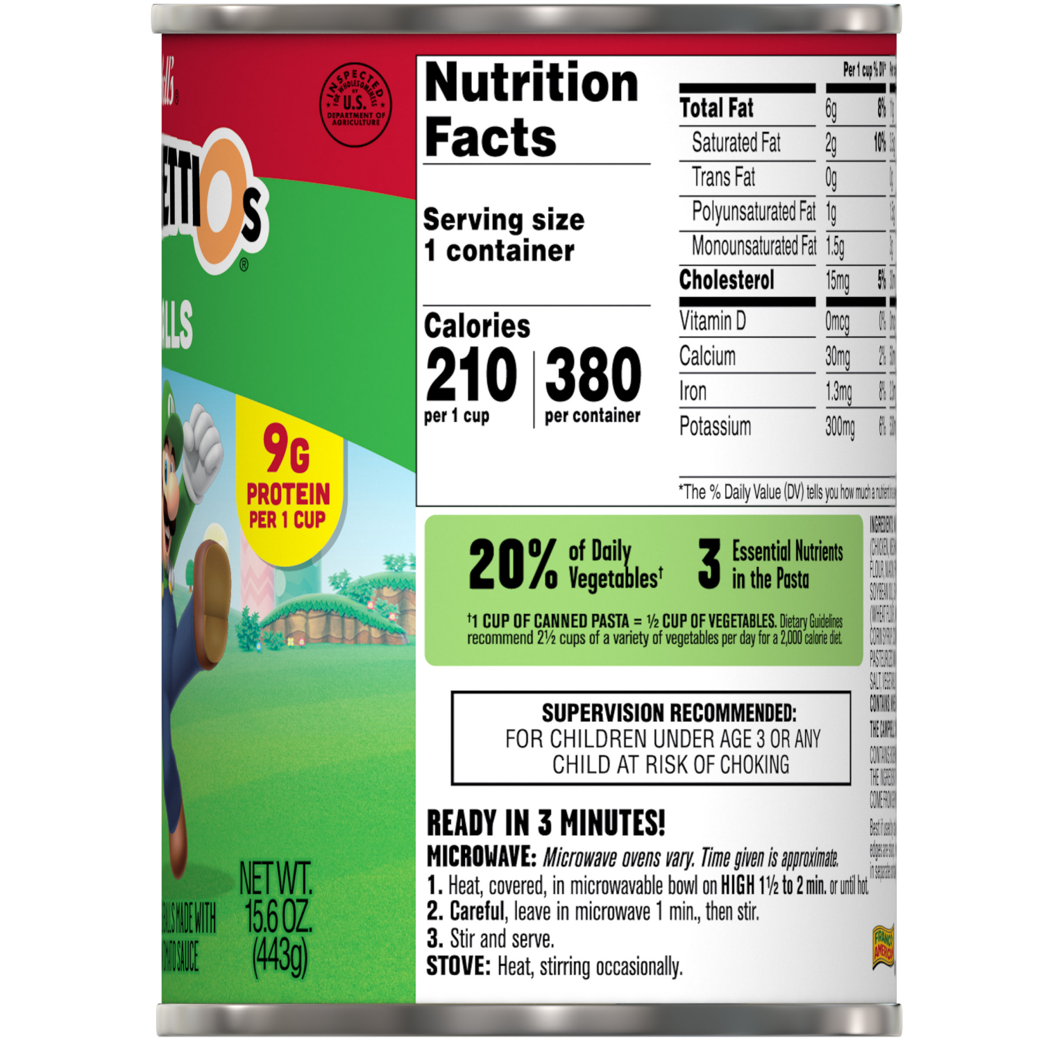 slide 7 of 7, Campbell's SpaghettiOs Super Mario Bros Canned Pasta with Meatballs, 15.6 oz Can, 15.600 oz