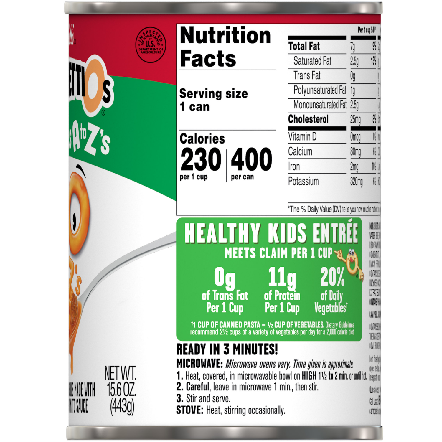 slide 2 of 8, Campbell's SpaghettiOs A to Z's Canned Pasta with Meatballs, 15.6 oz Can, 15.600 oz