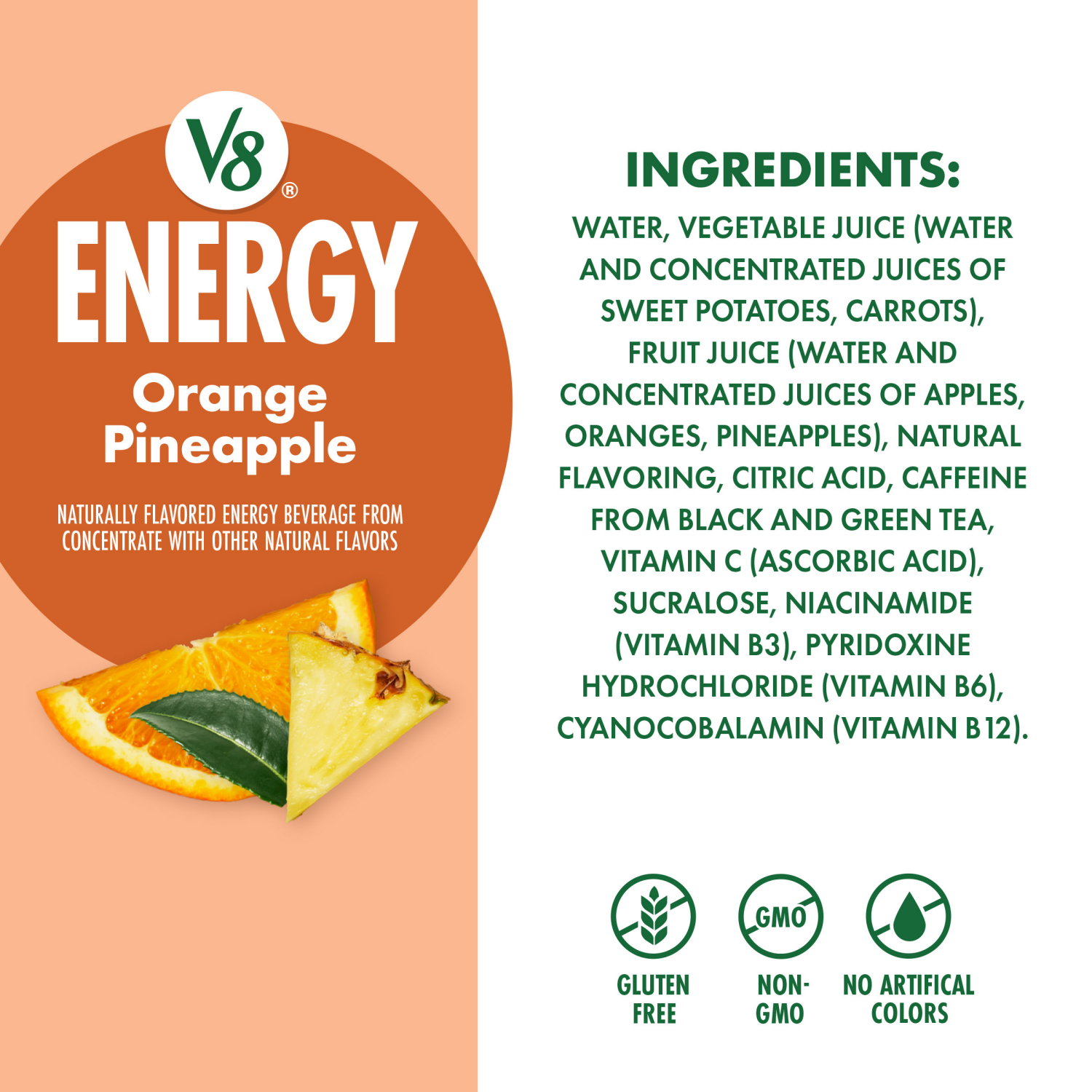 slide 3 of 8, V8 Energy Orange Pineapple Energy Drink, 8 fl oz Can (12 Pack), 96.000 fl oz