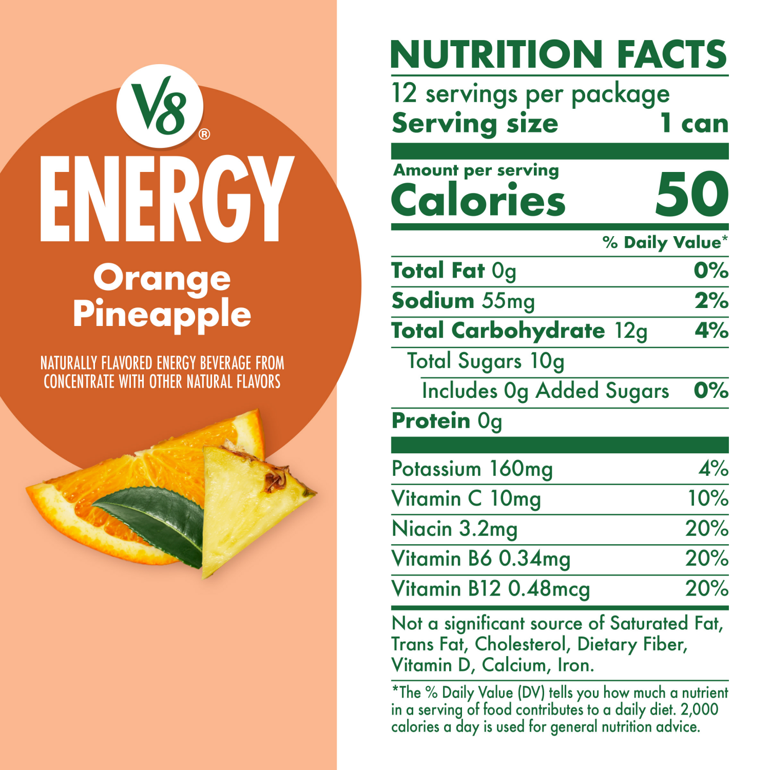slide 5 of 8, V8 Energy Orange Pineapple Energy Drink, 8 fl oz Can (12 Pack), 96.000 fl oz