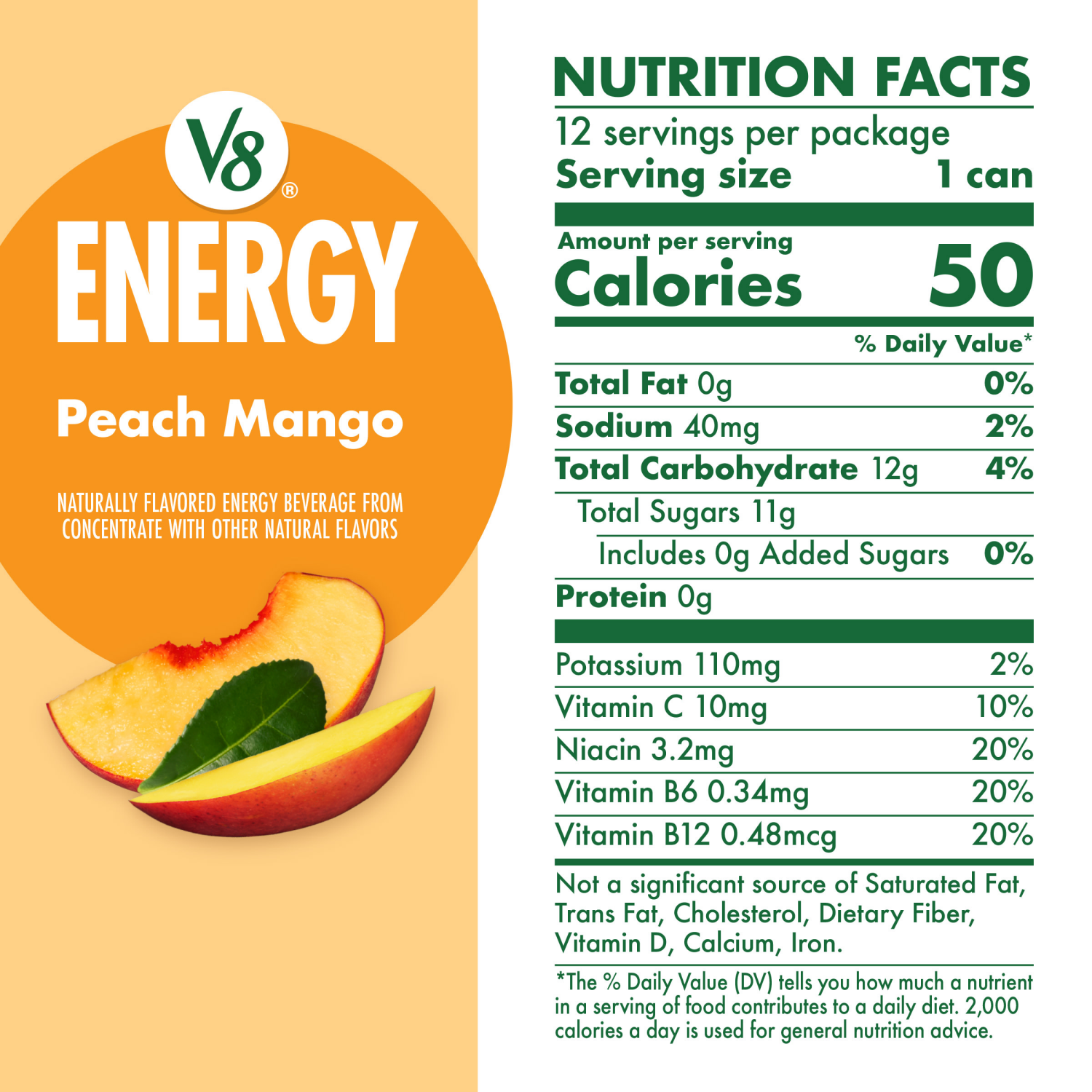 slide 5 of 8, V8 Energy Peach Mango Energy Drink, 8 fl oz Can (12 Pack), 96.000 fl oz