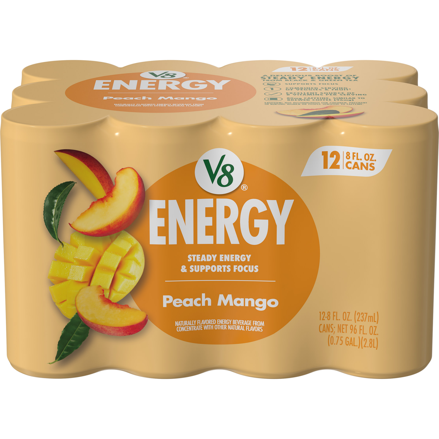 slide 1 of 8, V8 Energy Peach Mango Energy Drink, 8 fl oz Can (12 Pack), 96.000 fl oz