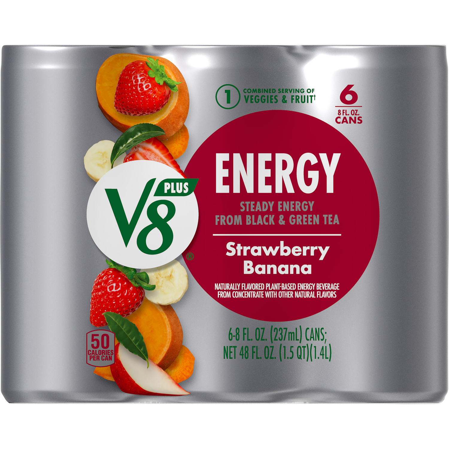 slide 5 of 5, V8 Energy Strawberry Banana Juice Energy Drink, 8 fl oz Can (6 Pack), 48.000 fl oz