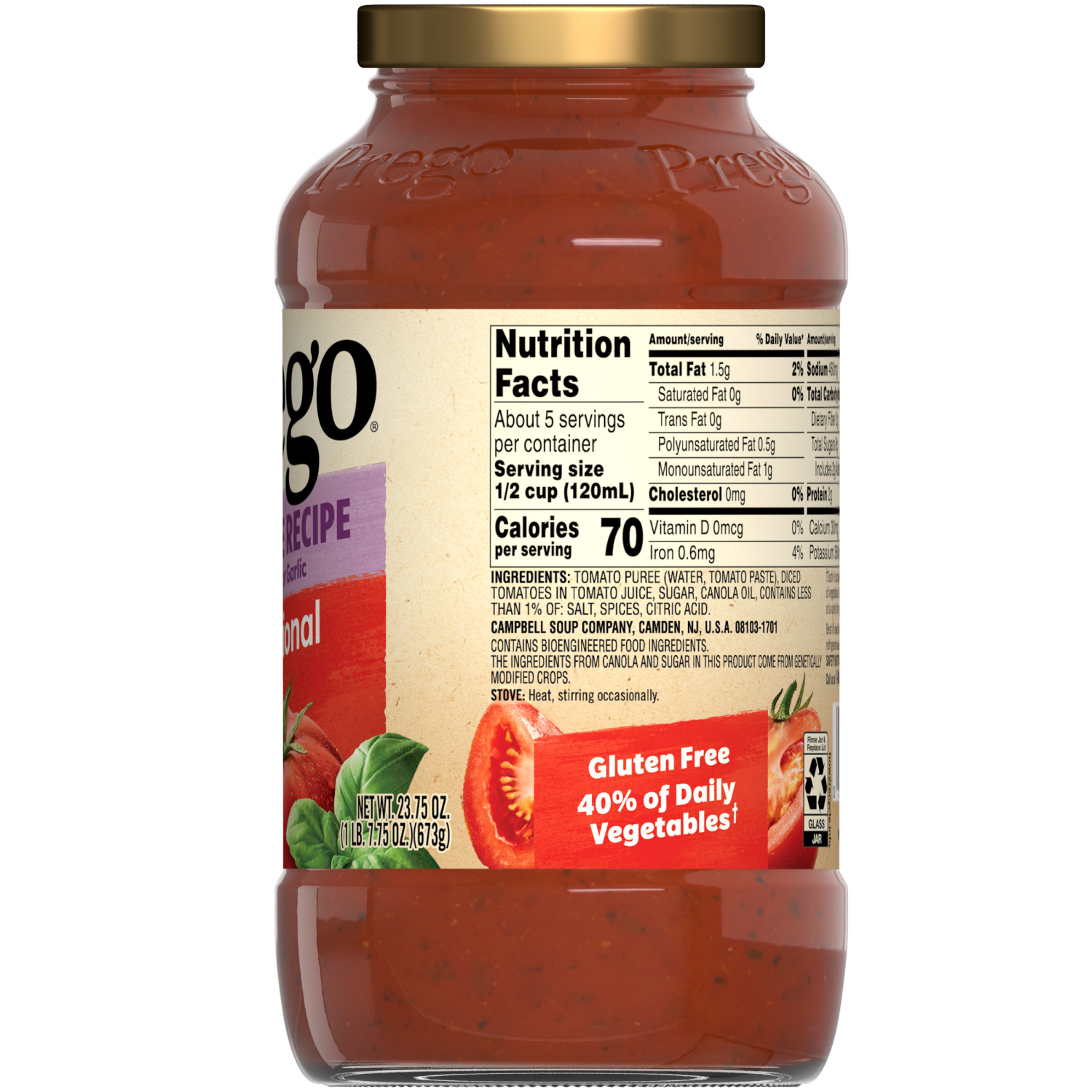 slide 2 of 8, Prego Traditional Sensitive Recipe Low FODMAP Pasta Sauce, 23.750 oz