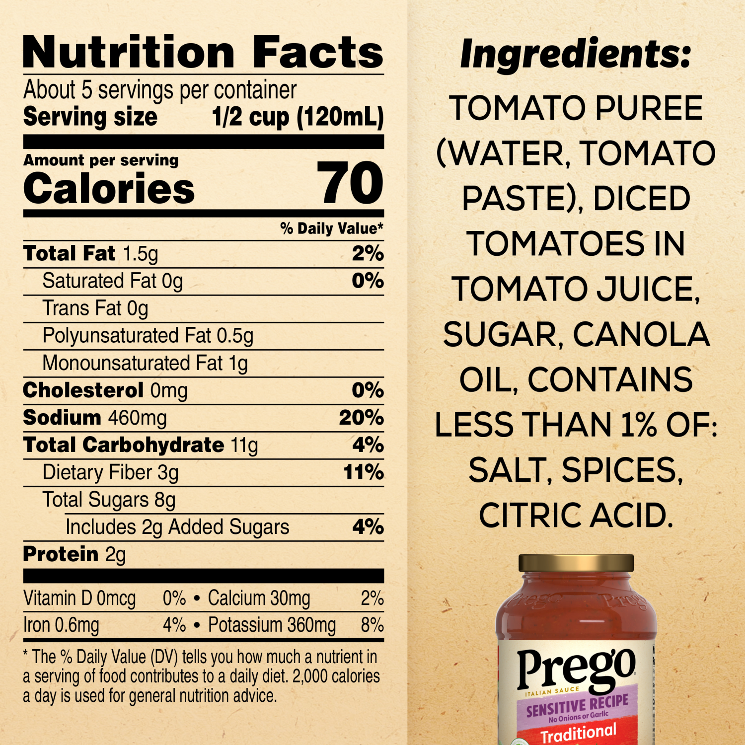 slide 4 of 8, Prego Traditional Sensitive Recipe Low FODMAP Pasta Sauce, 23.750 oz
