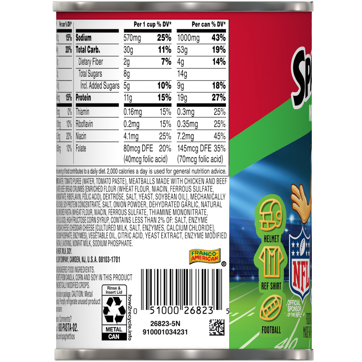 slide 2 of 7, SpaghettiOs Football Shaped Canned Pasta with Meatballs, 15.6 oz Can, 15.600 oz