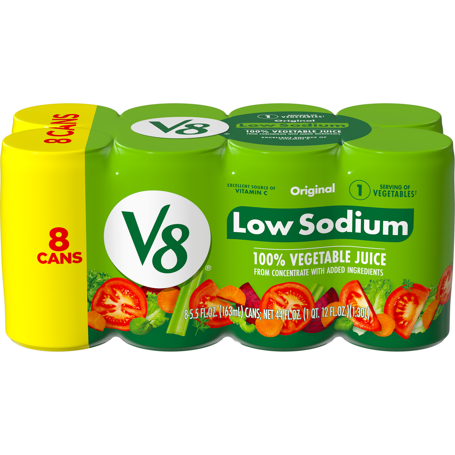 slide 1 of 8, V8 Low Sodium Original 100% Vegetable Juice, 44.000 fl oz