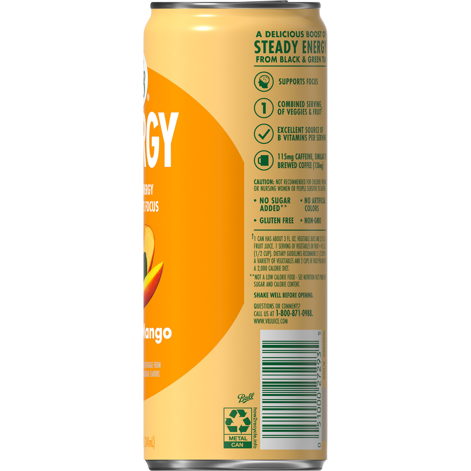 slide 4 of 8, V8 +Energy Peach Mango Juice Energy Drink, 11.5 fl oz Can, 11.5 fl oz