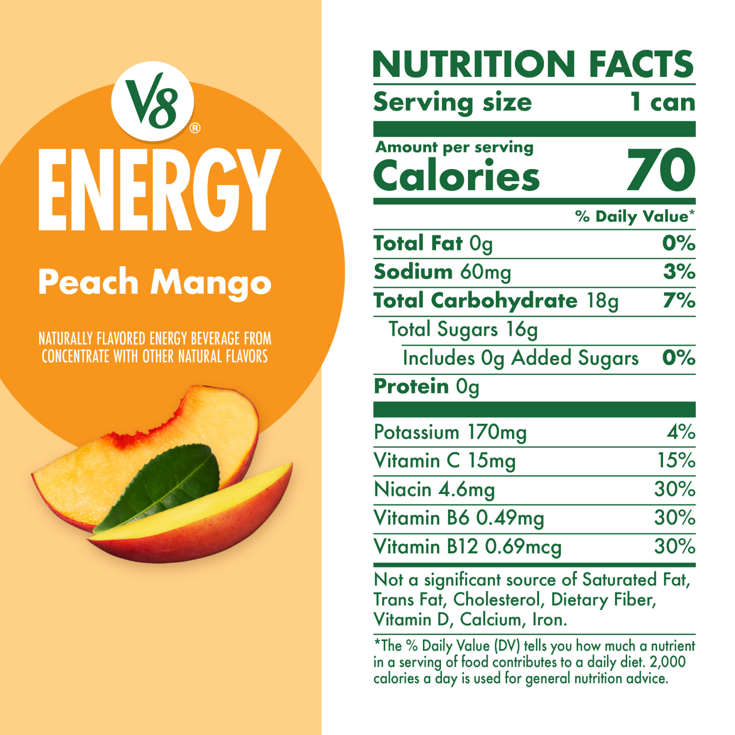 slide 5 of 8, V8 +Energy Peach Mango Juice Energy Drink, 11.5 fl oz Can, 11.5 fl oz