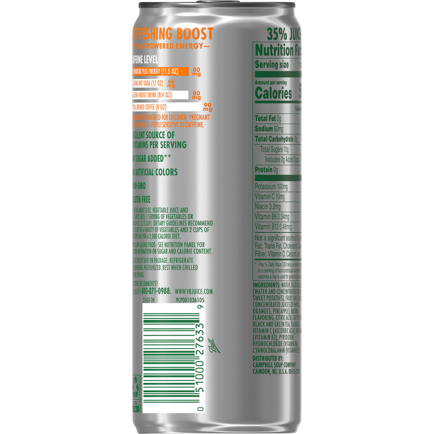 slide 8 of 8, V8 Sparkling Orange Pineapple Juice Energy Drink, 11.500 fl oz