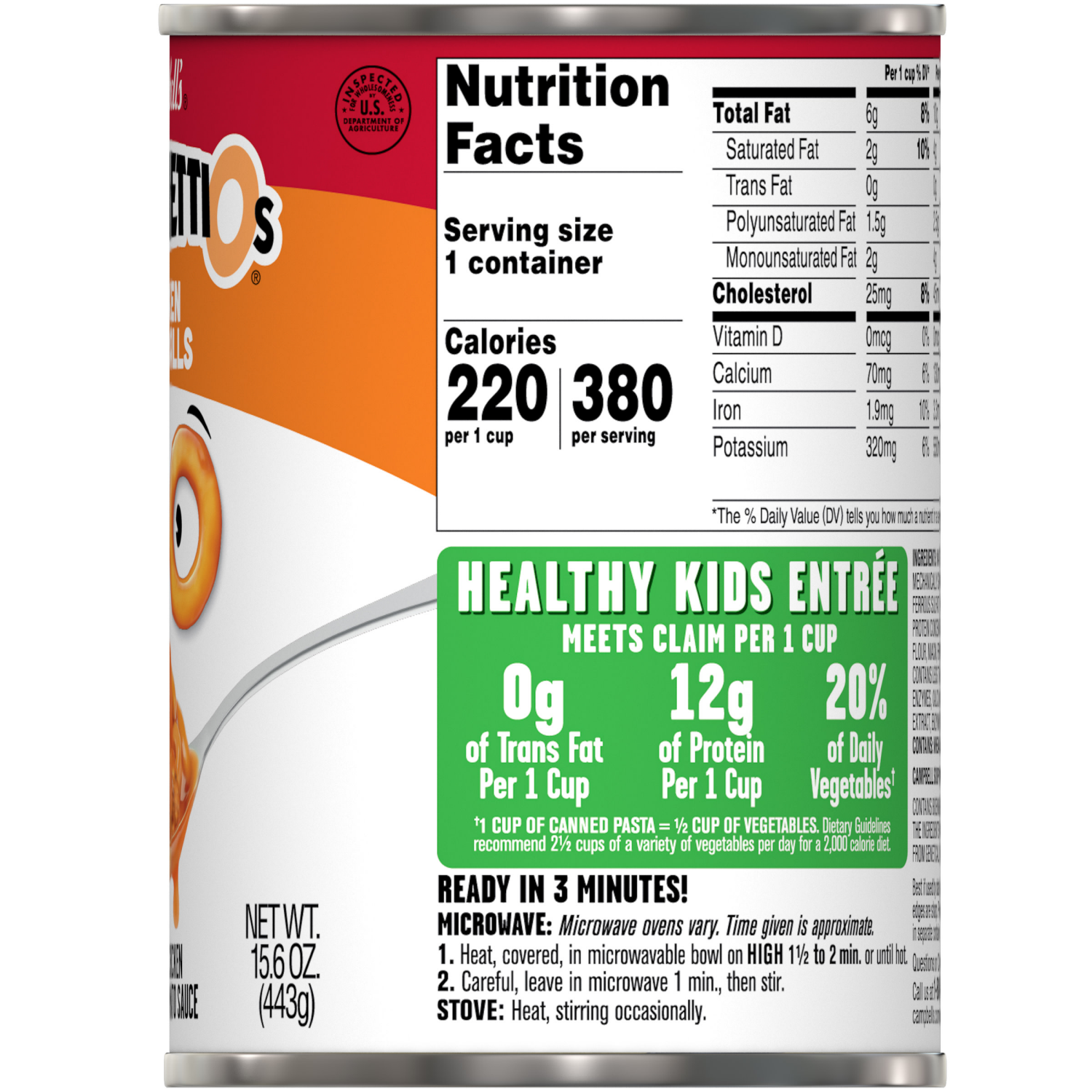 slide 2 of 8, Campbell's SpaghettiOs Canned Pasta with Chicken Meatballs, 15.6 oz Can, 15.600 oz