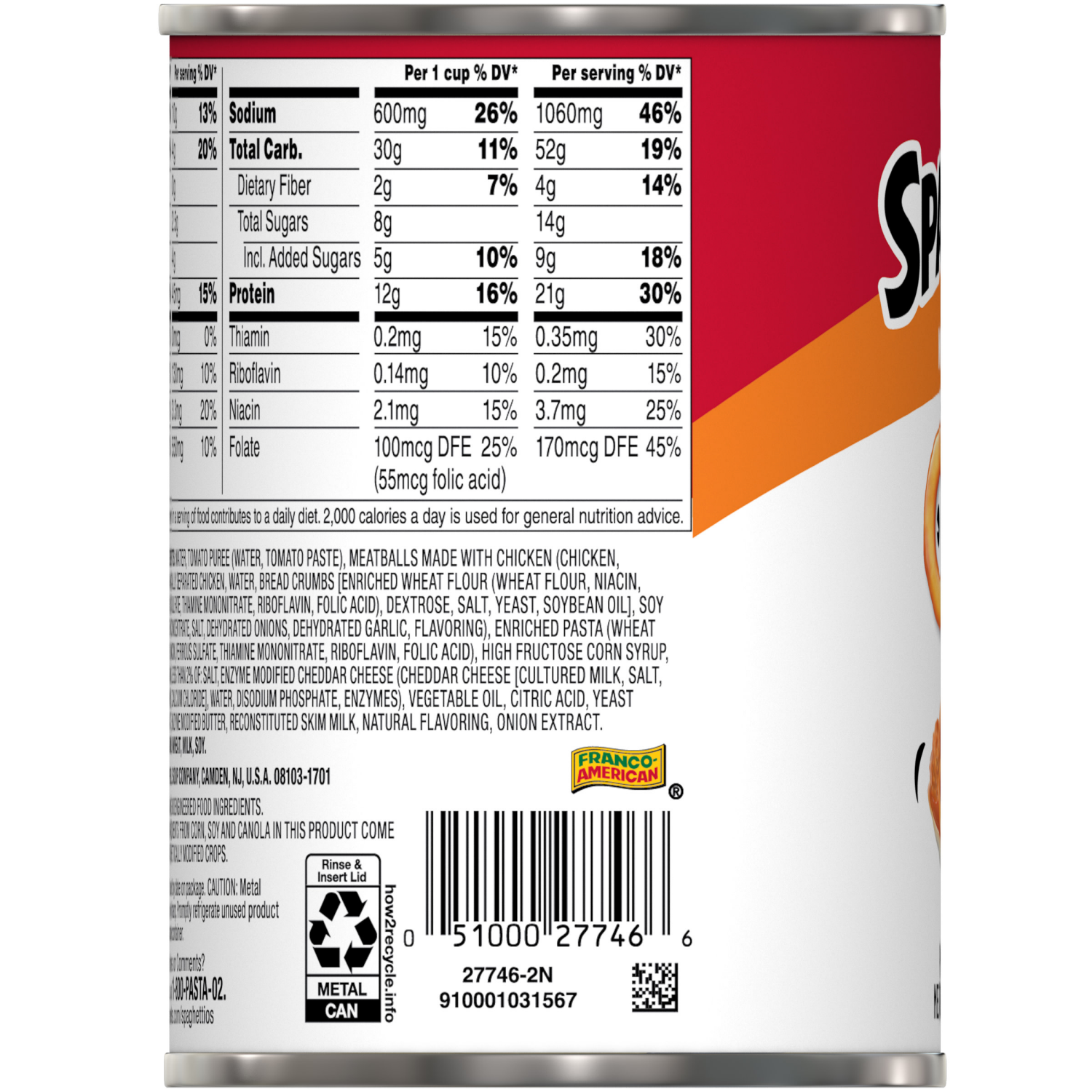 slide 3 of 8, Campbell's SpaghettiOs Canned Pasta with Chicken Meatballs, 15.6 oz Can, 15.600 oz