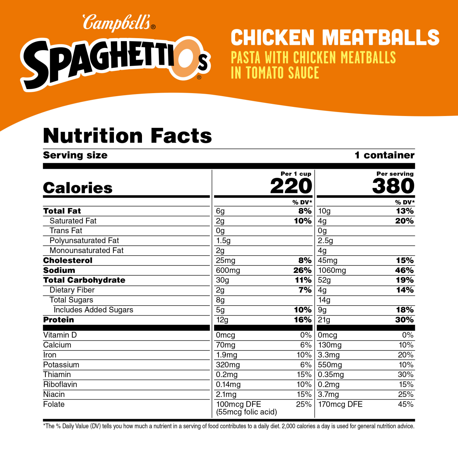 slide 4 of 8, Campbell's SpaghettiOs Canned Pasta with Chicken Meatballs, 15.6 oz Can, 15.600 oz