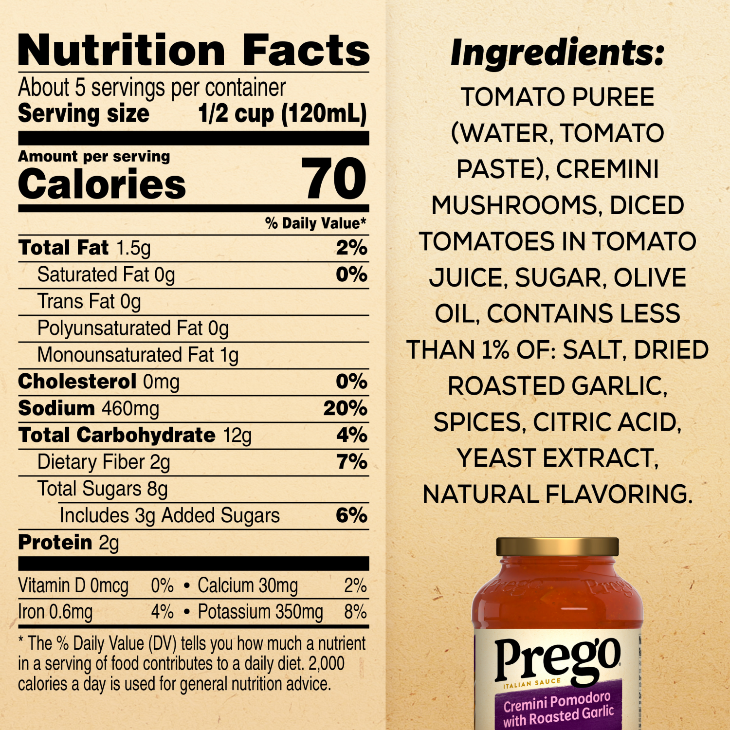 slide 4 of 8, Prego Cremini Pomodoro With Roasted Garlic Pasta Sauce, 23.5 oz Jar, 23.500 oz