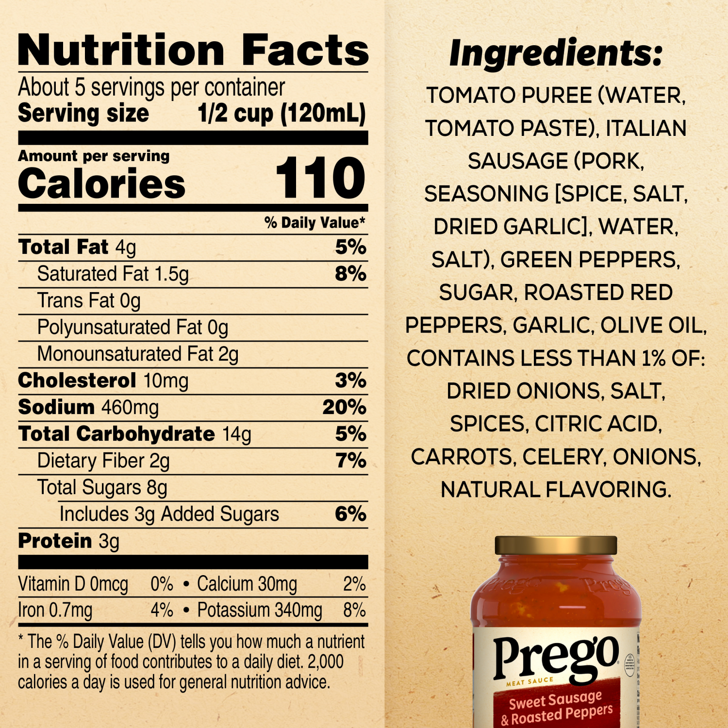 slide 4 of 8, Prego Sweet Sausage and Roasted Peppers Pasta Sauce, 23.500 oz