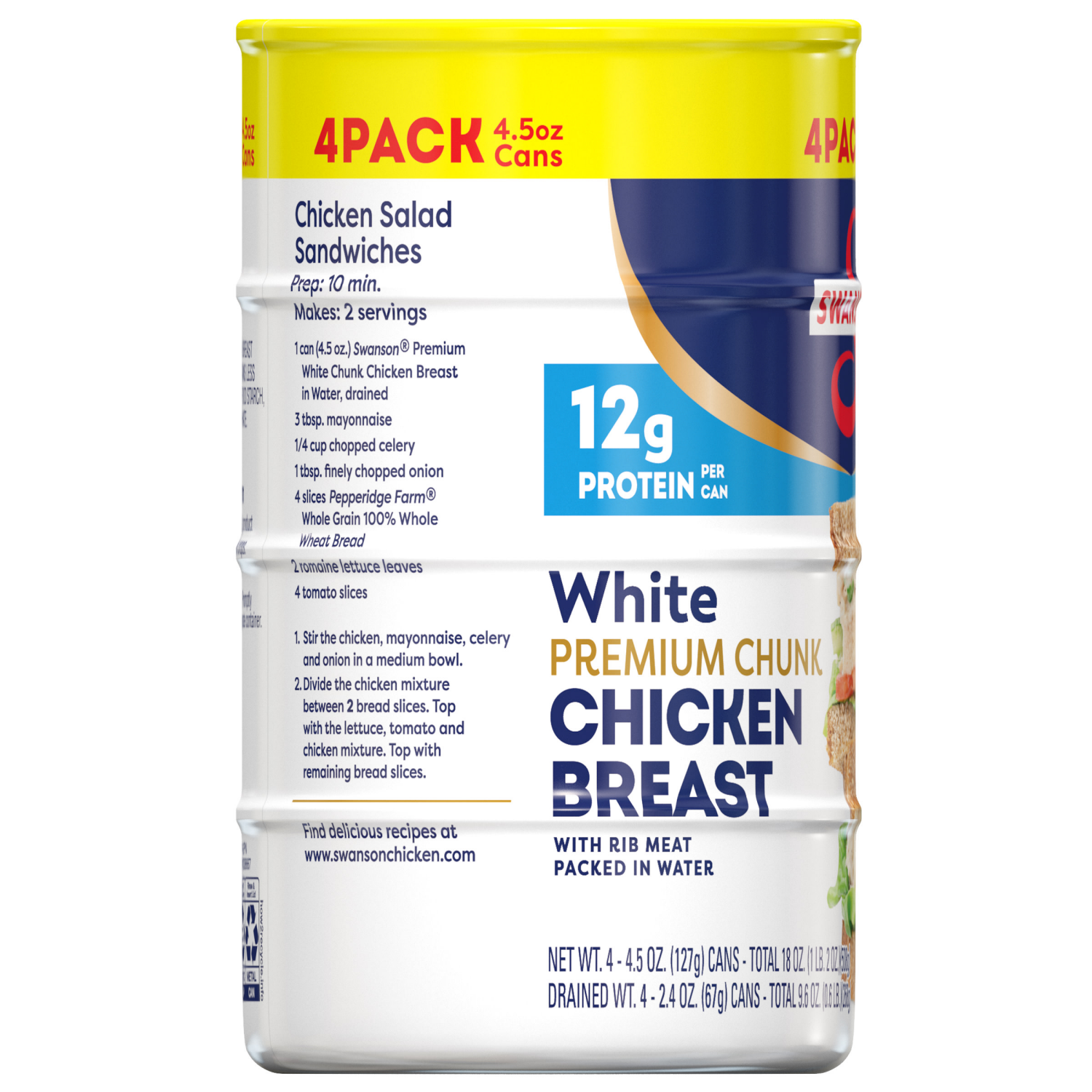 slide 3 of 8, Swanson White Premium Chunk Chicken Breast with Rib Meat in Water, 4.5 oz. (Pack of 4), 18 oz