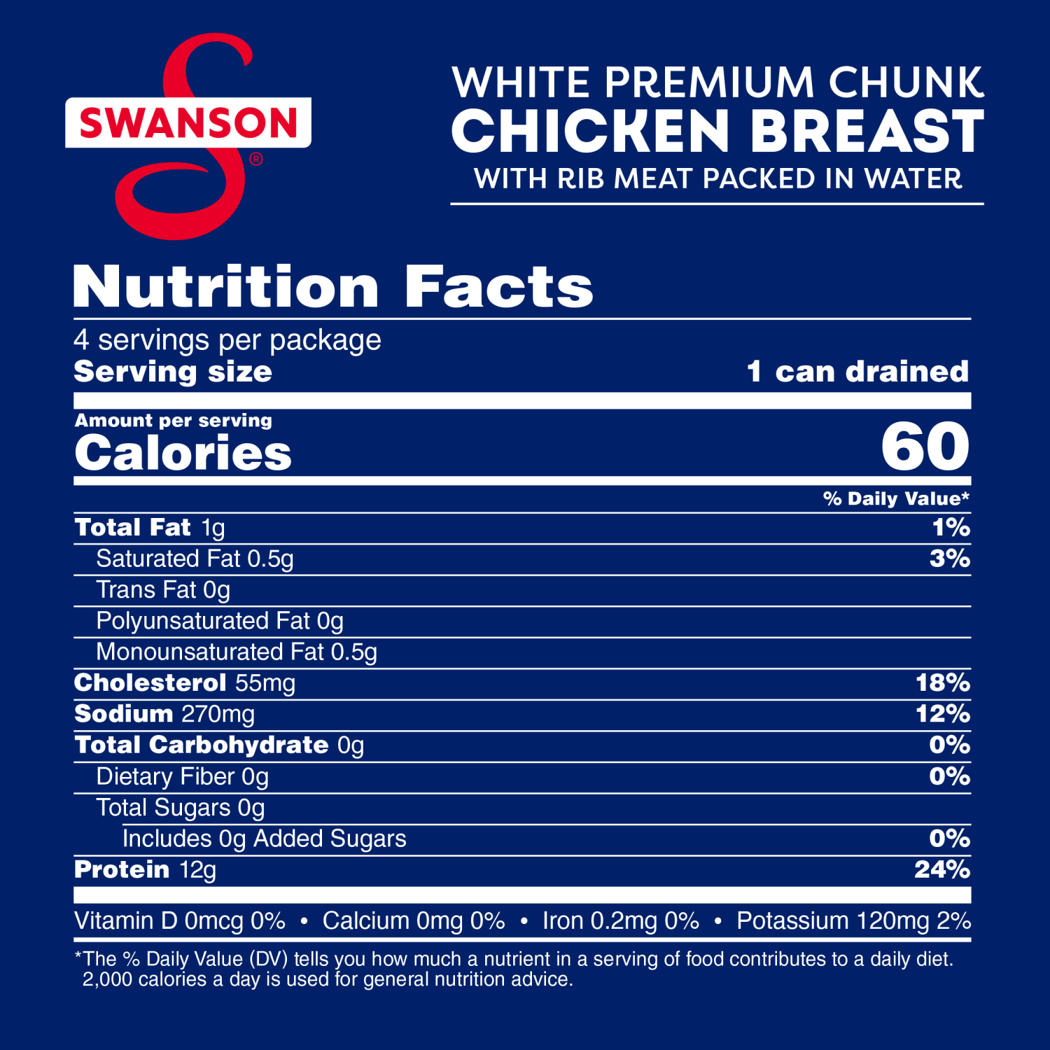 slide 4 of 8, Swanson White Premium Chunk Chicken Breast with Rib Meat in Water, 4.5 oz. (Pack of 4), 18 oz