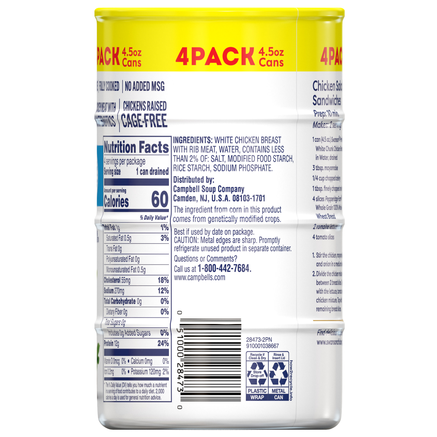 slide 5 of 8, Swanson White Premium Chunk Chicken Breast with Rib Meat in Water, 4.5 oz. (Pack of 4), 18 oz