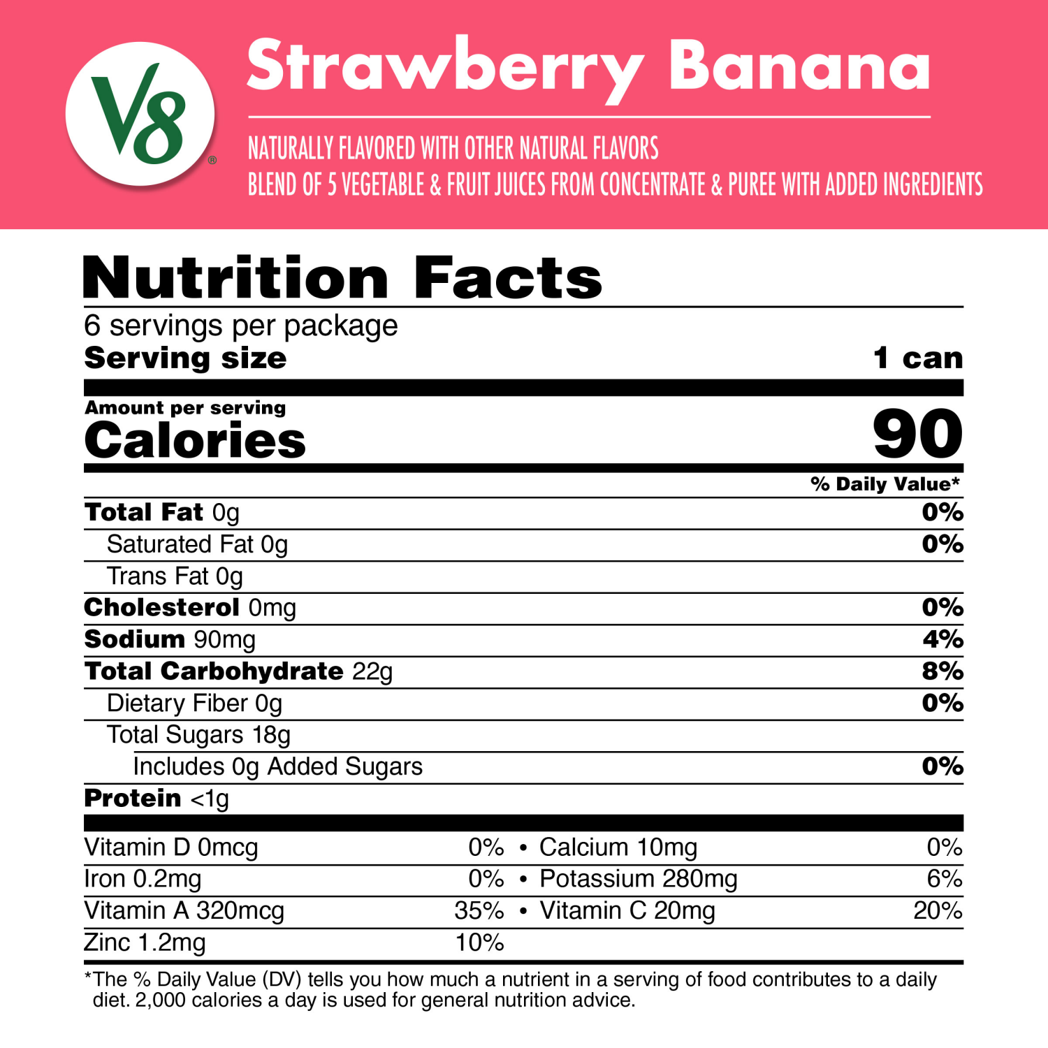 slide 5 of 8, V8 Strawberry Banana 100% Fruit and Vegetable Juice, 8 fl oz Can (6 Pack), 48.000 fl oz