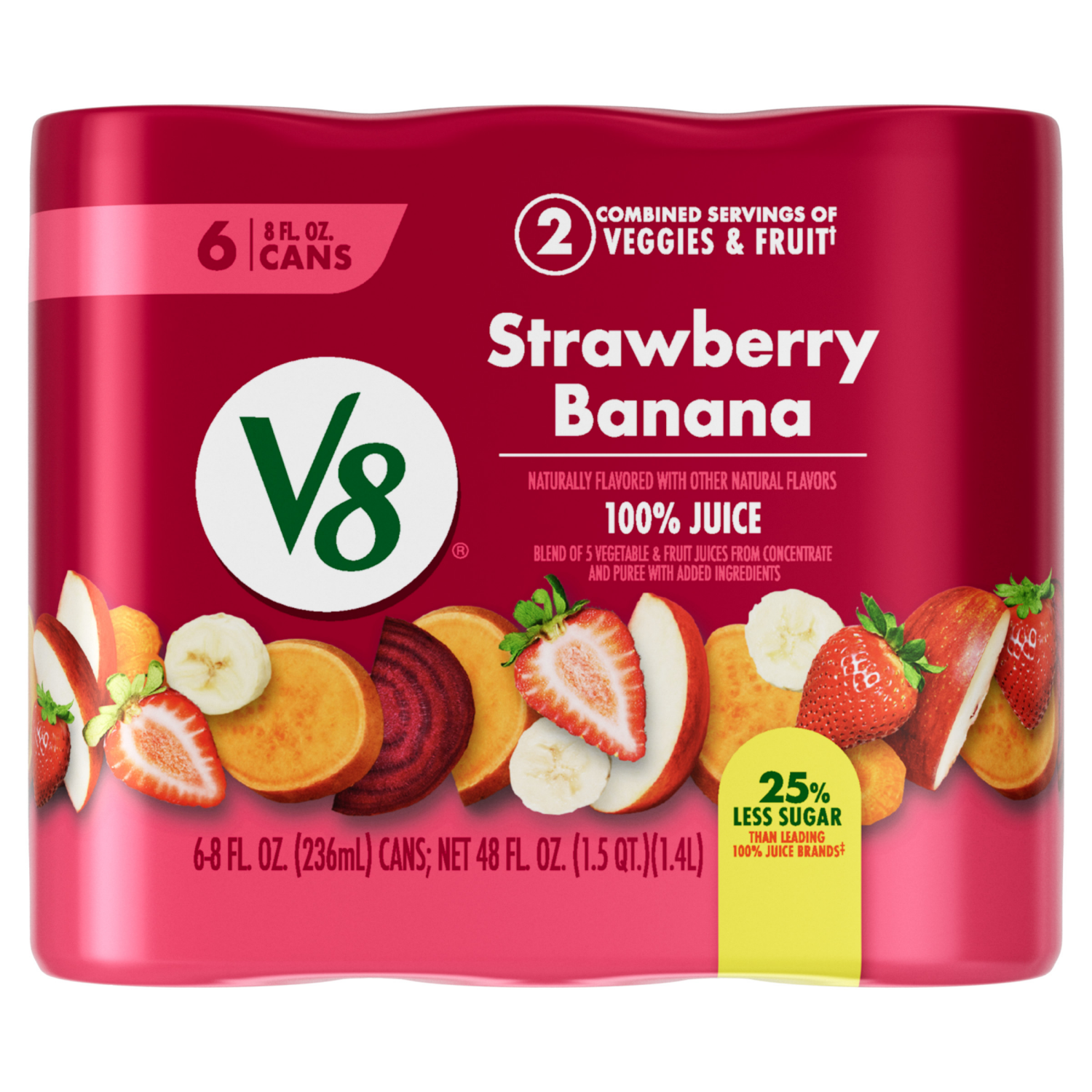 slide 8 of 8, V8 Strawberry Banana 100% Fruit and Vegetable Juice, 8 fl oz Can (6 Pack), 48.000 fl oz
