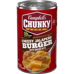 Campbells Chunky Soup, Cheesy Jalapeño Burger with Bacon Bits