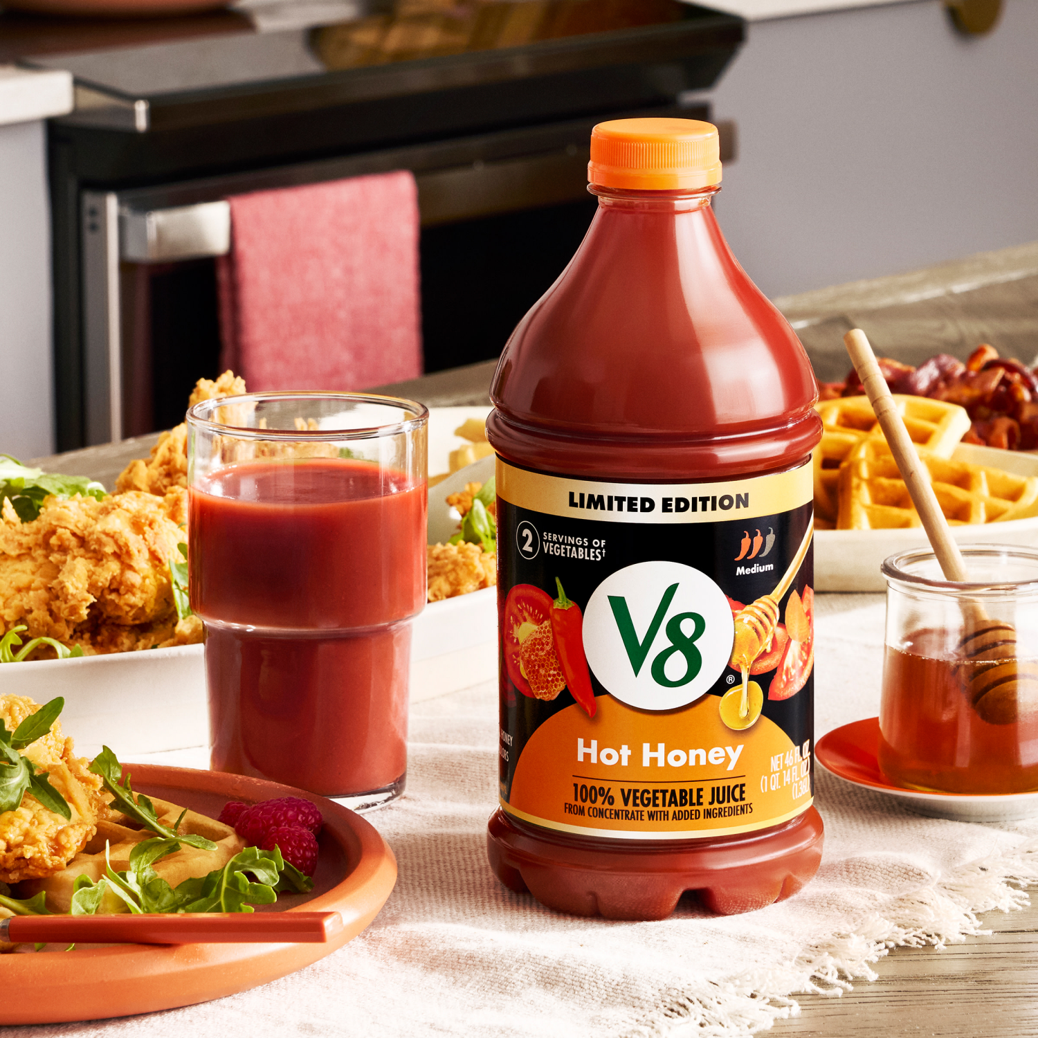 slide 4 of 5, V8, 100% Vegetable Juice, Hot Honey, Medium, 46 oz