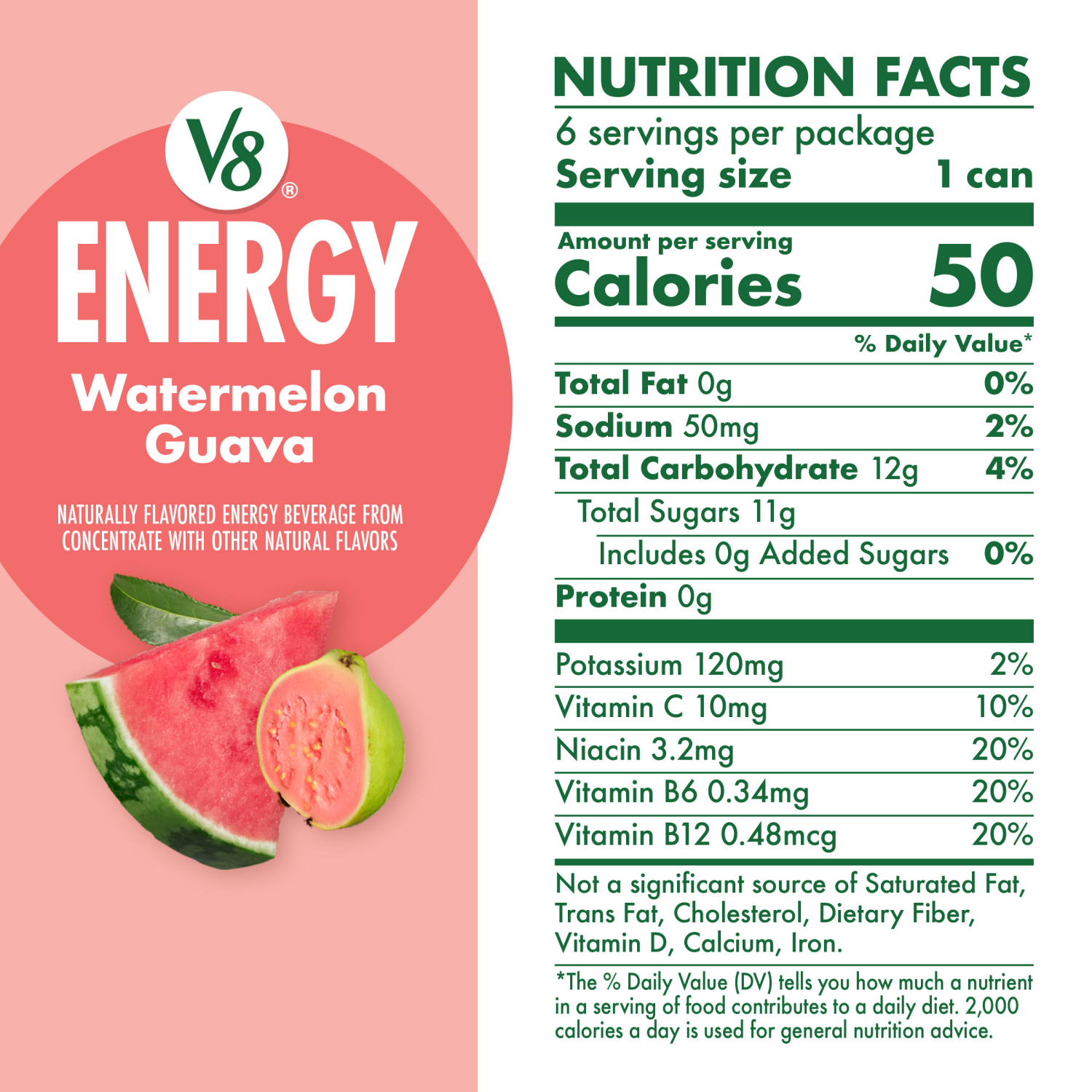 slide 5 of 8, V8 Energy Watermelon Guava Energy Drink, 8 fl oz Can (6 Pack), 48 fl oz