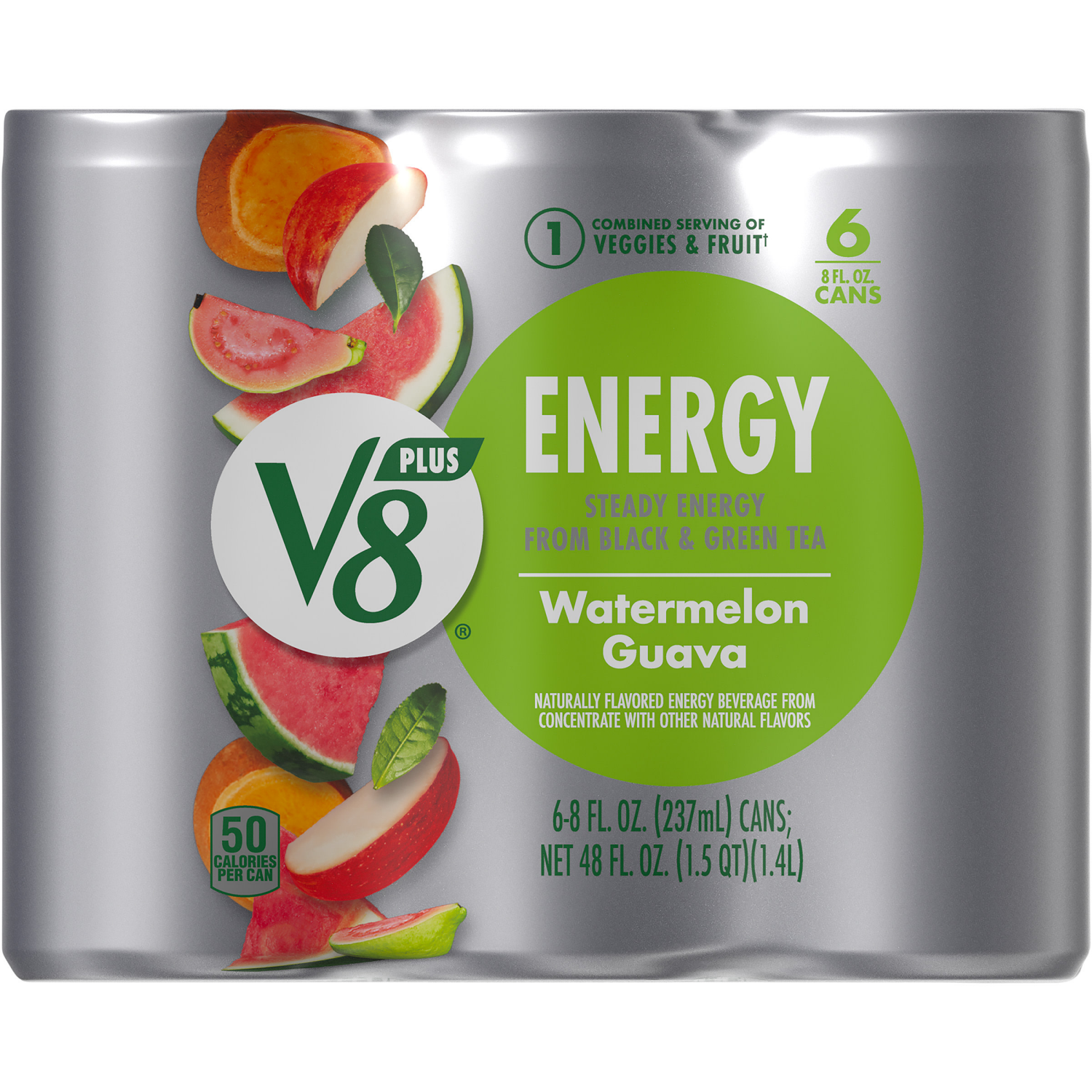 slide 8 of 8, V8 Energy Watermelon Guava Energy Drink, 8 fl oz Can (6 Pack), 48.000 fl oz