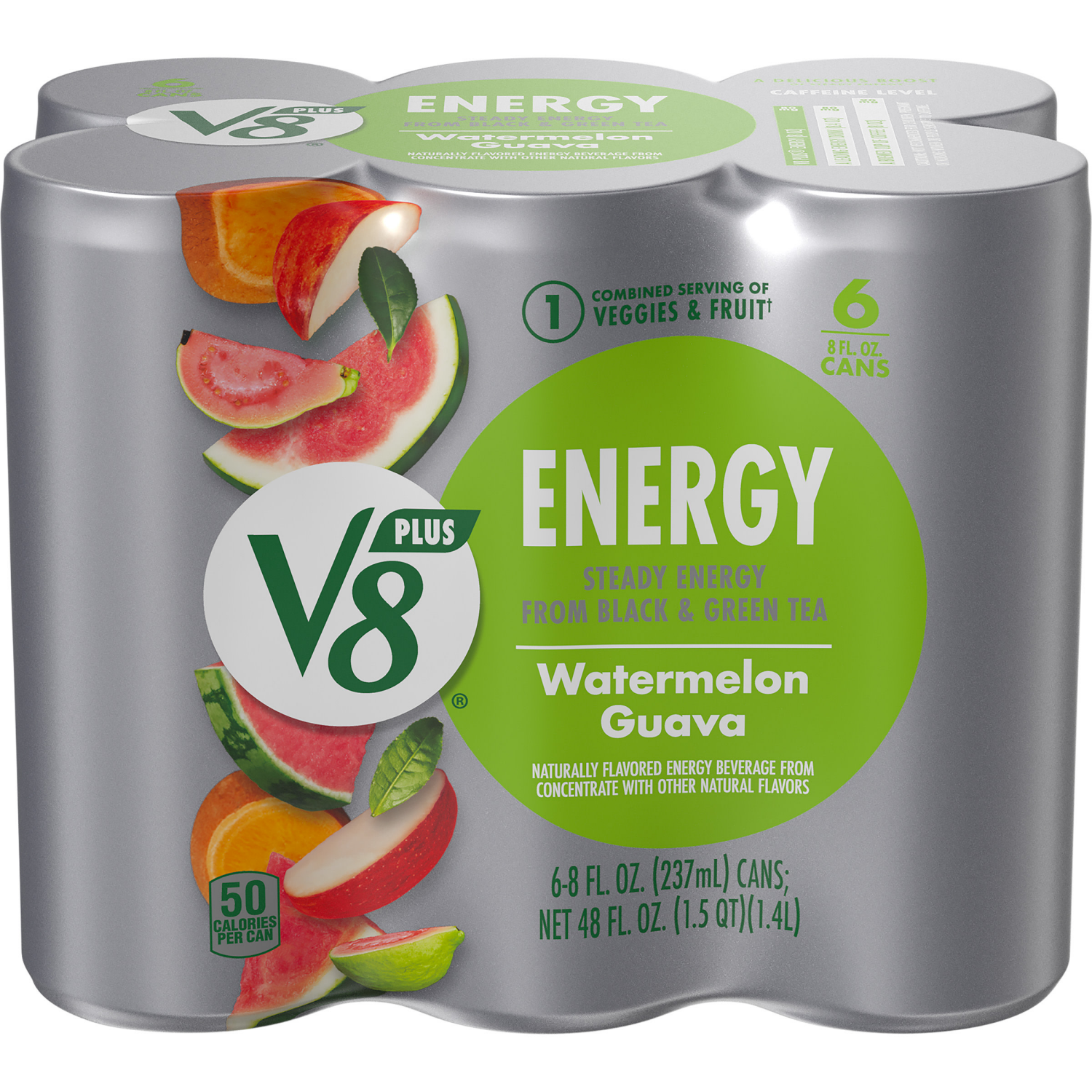 slide 1 of 8, V8 Energy Watermelon Guava Energy Drink, 8 fl oz Can (6 Pack), 48.000 fl oz